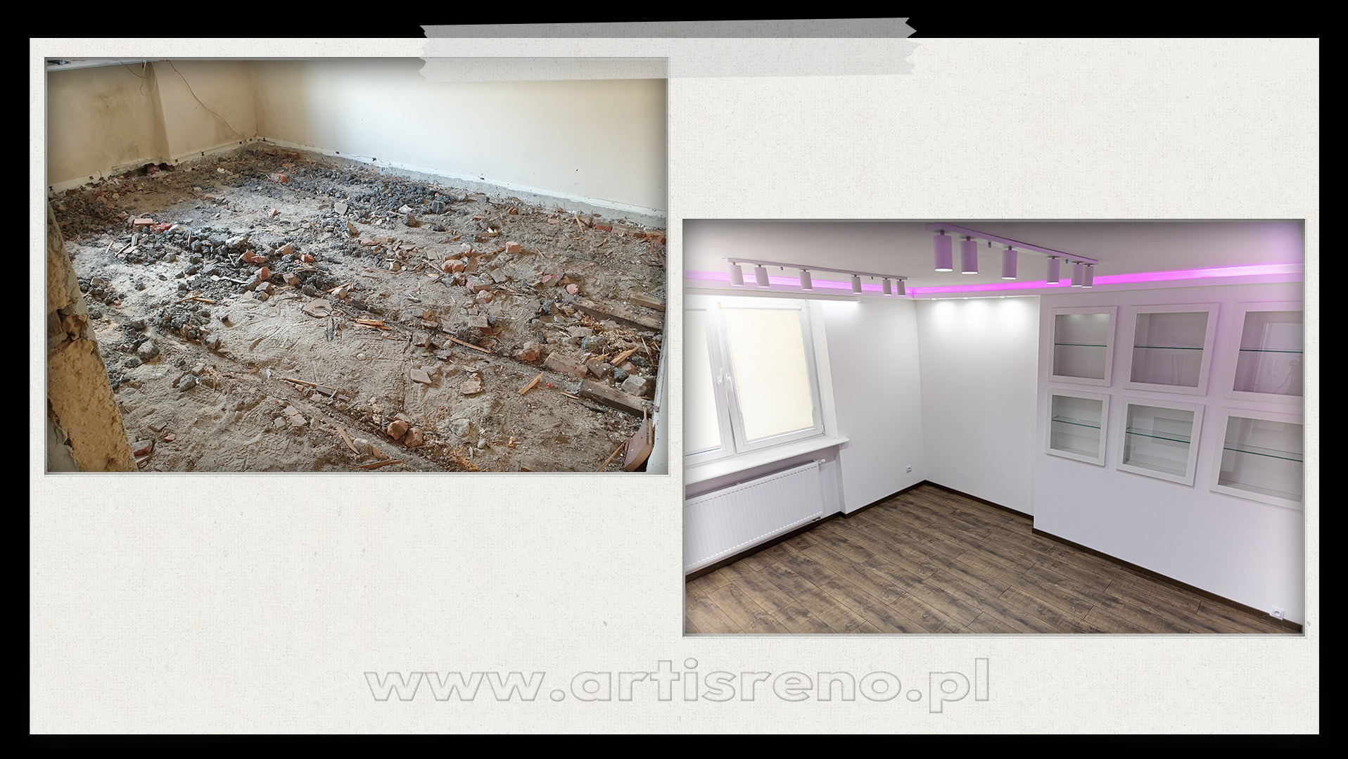 Remont mieszkania: widok 'przed' z gruzem na podłodze i 'po' z nową podłogą, oświetleniem i zabudową. Kontrastowe ujęcie prezentuje zakres prac.