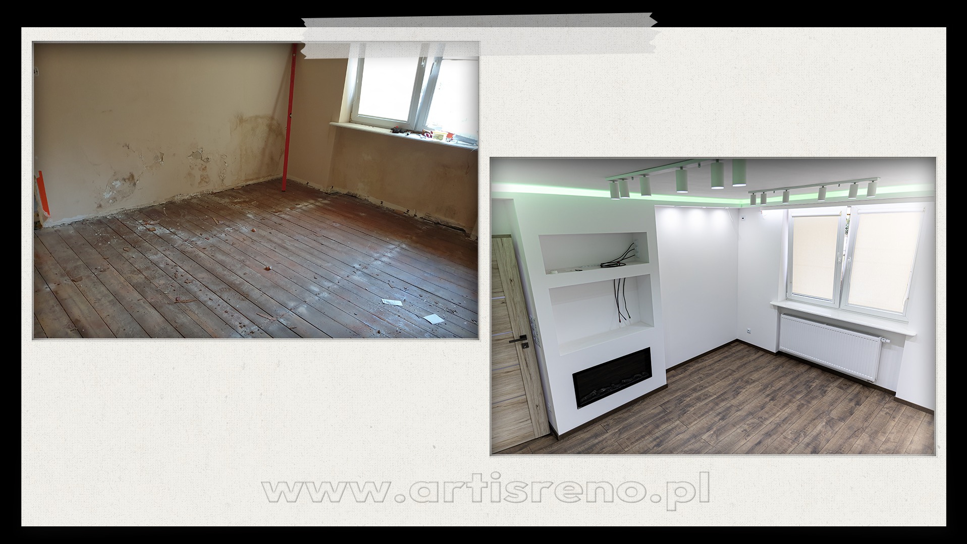 Zdjęcie 'przed i po' remontu pokoju: zniszczona podłoga i ściany kontra odnowione wnętrze z podwieszanym sufitem, oświetleniem i imitacją kominka.