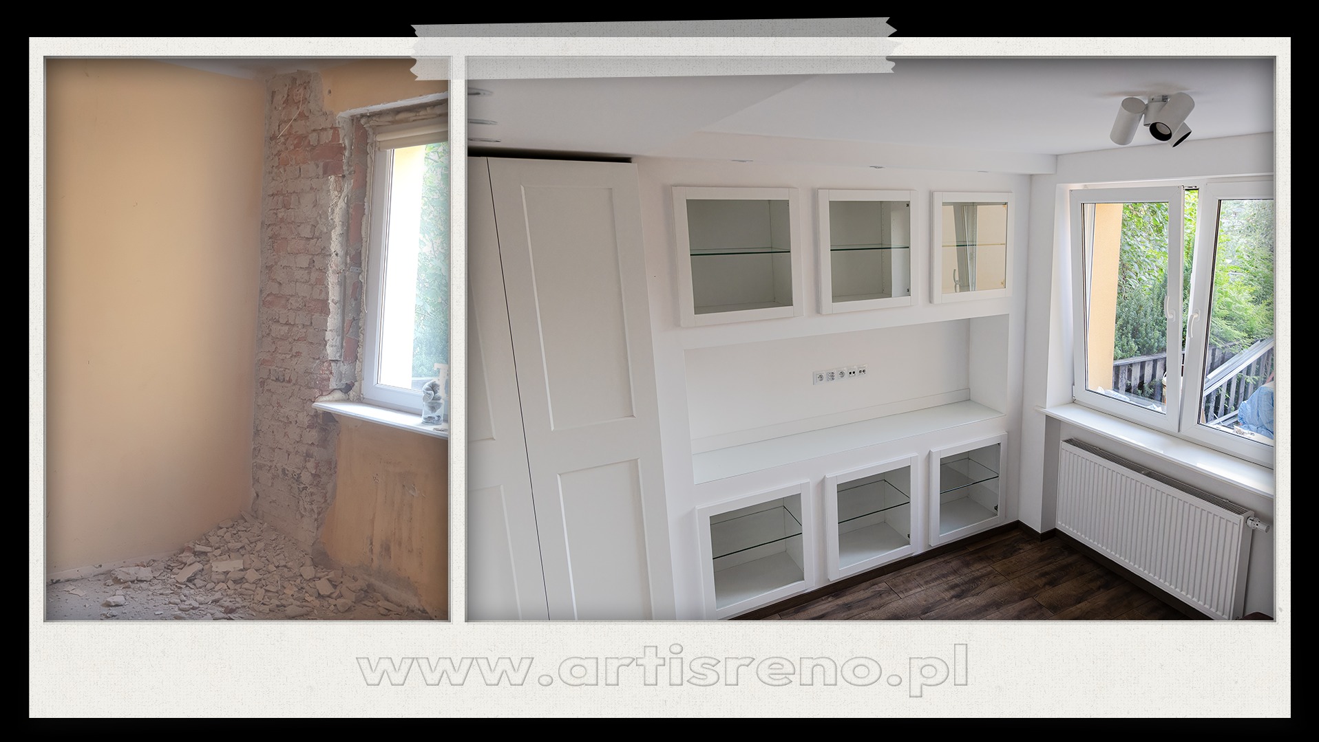 Remont pokoju: widok przed i po. Po lewej surowe ściany, po prawej białe meble na wymiar, okno i grzejnik. Podłoga z paneli. Całość w jasnej tonacji.
