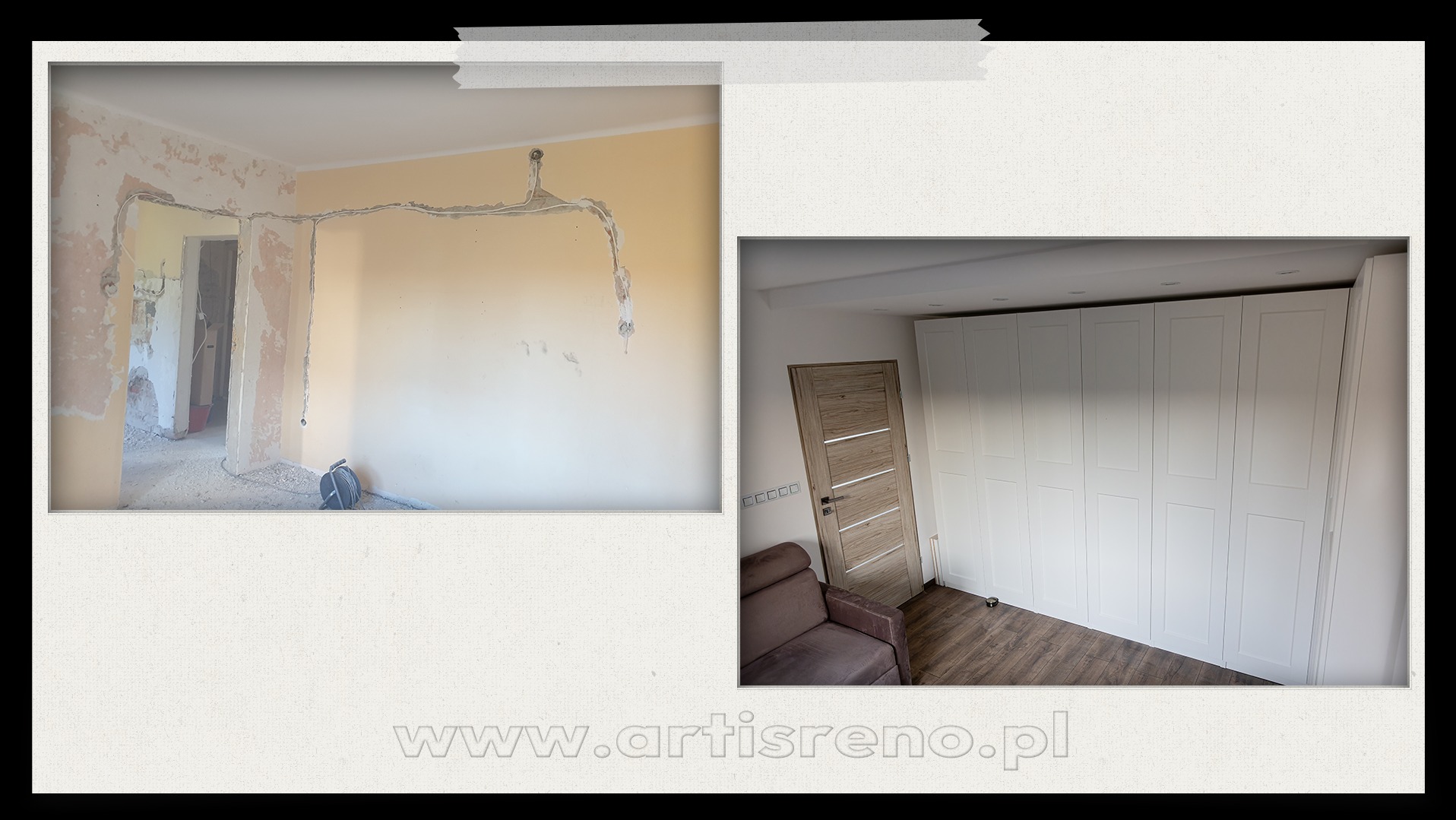 Remont mieszkania przed i po: gołe ściany z instalacją elektryczną vs. pokój z białą szafą w zabudowie, drewnianą podłogą i drzwiami. Widoczny fotel.