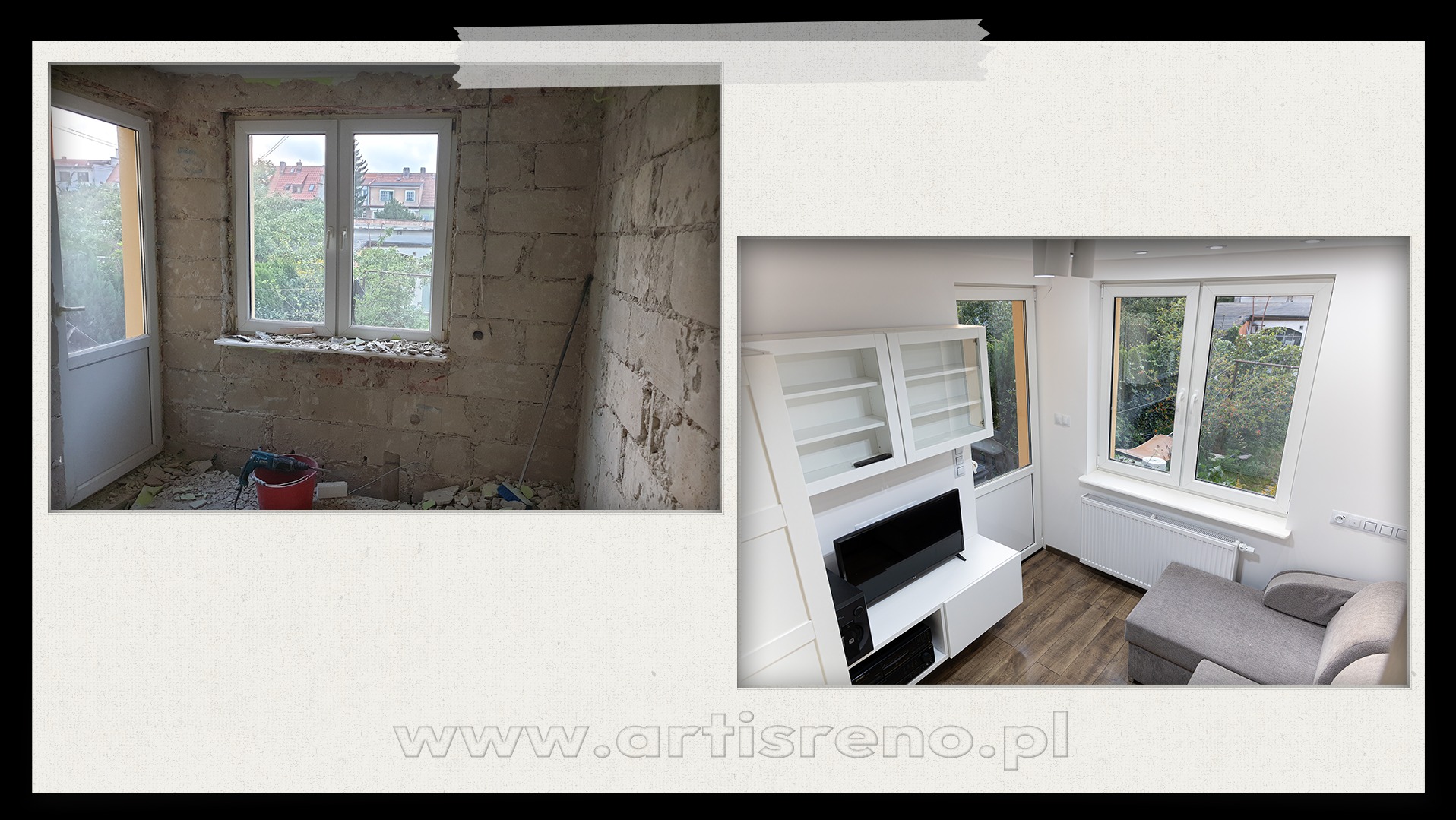 Mieszkanie przed i po remoncie: surowe ściany z cegły kontra nowoczesny salon z białymi meblami, szarą sofą i widokiem na zieleń za oknem. Układ 'przed i po'.