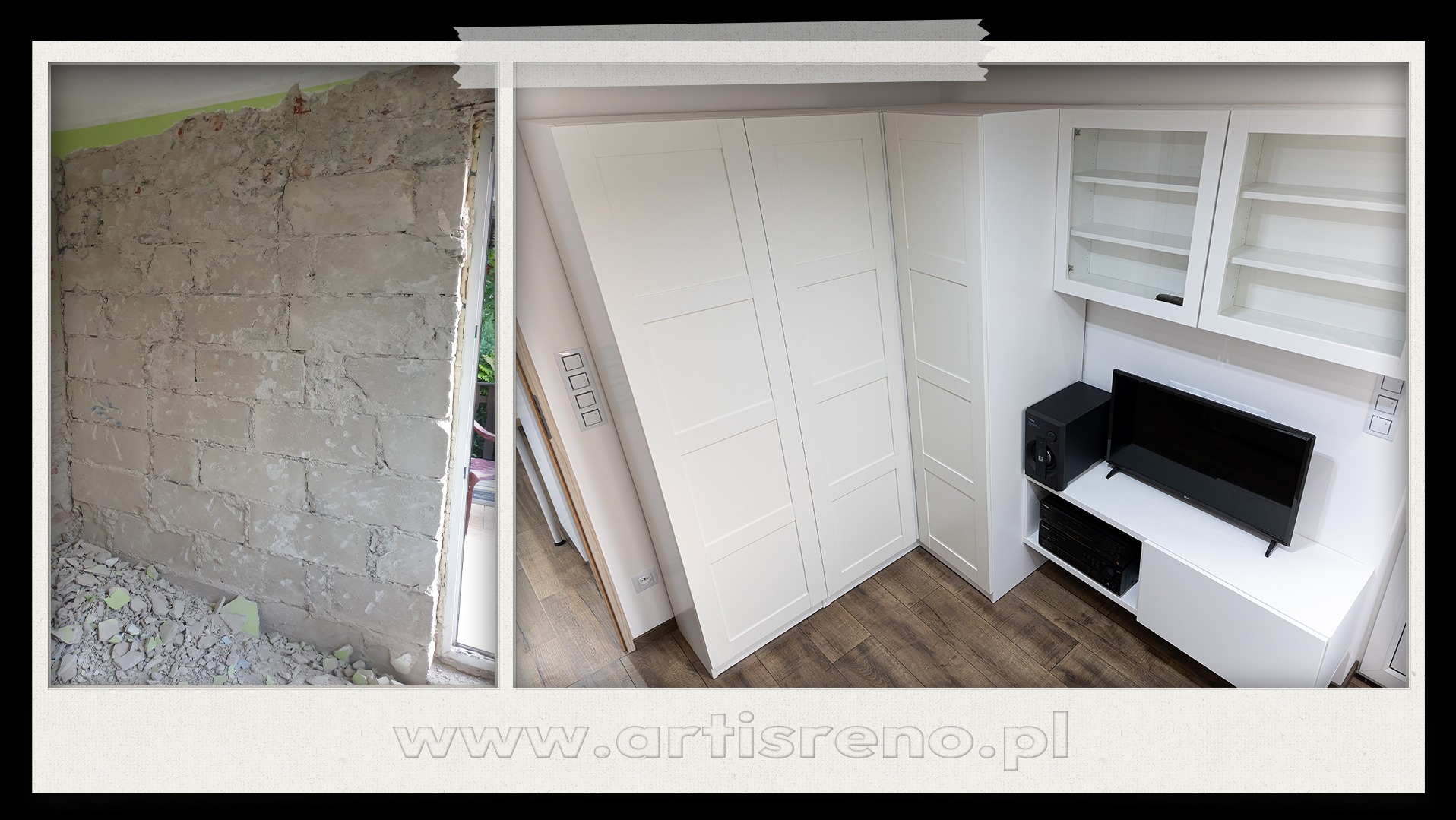 Zdjęcie 'przed i po' remontu: zdemolowana ściana z cegieł i gotowa zabudowa meblowa z szafami, szafkami i miejscem na telewizor. Podłoga wykończona panelami.
