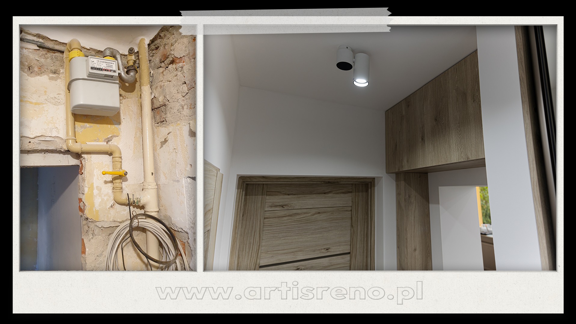 Kolaż: po lewej instalacja gazowa przed remontem, po prawej odnowione wnętrze z drewnianą zabudową, drzwiami i oświetleniem punktowym. Widoczny kontrast stanu przed i po.