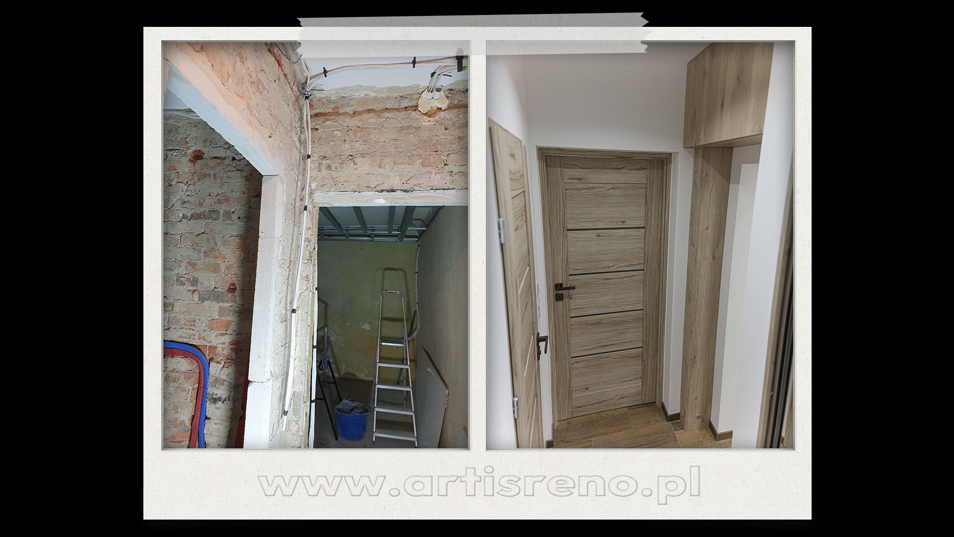 Remont mieszkania: widok przed (cegła, instalacje) i po (nowe drzwi, wykończenie). Kontrastowe ujęcie prezentuje zakres prac wykończeniowych.