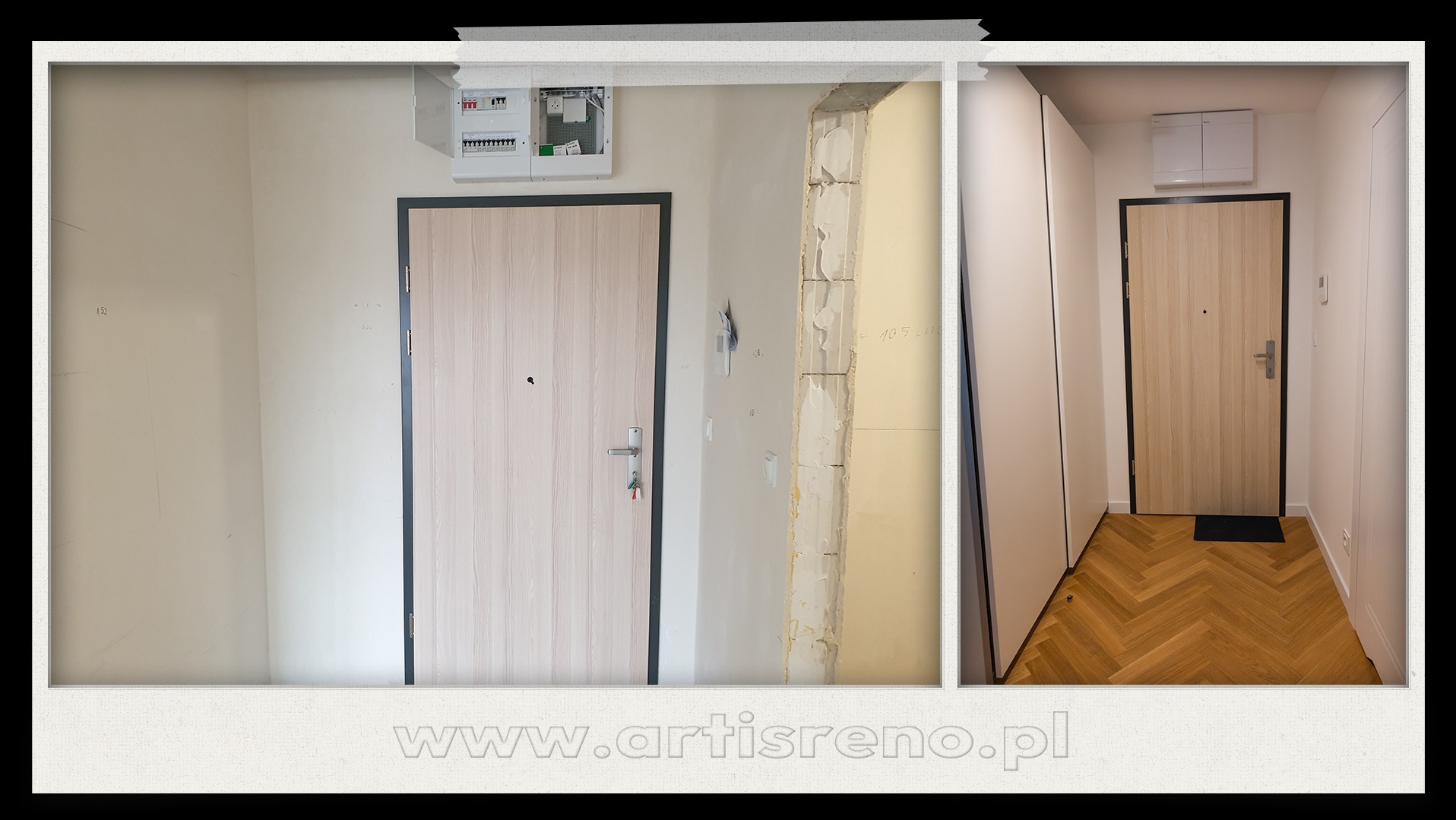 Korytarz przed i po remoncie. Po lewej stan surowy z instalacją elektryczną, po prawej wykończone wnętrze z parkietem w jodełkę i zabudową szafy.