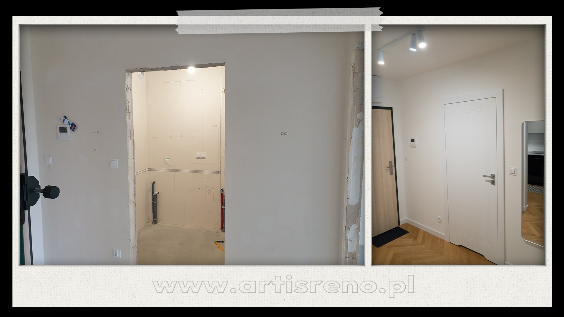 Wykończenie wnętrza mieszkania: po lewej stan surowy łazienki z instalacjami, po prawej wykończony korytarz z parkietem, drzwiami i oświetleniem.