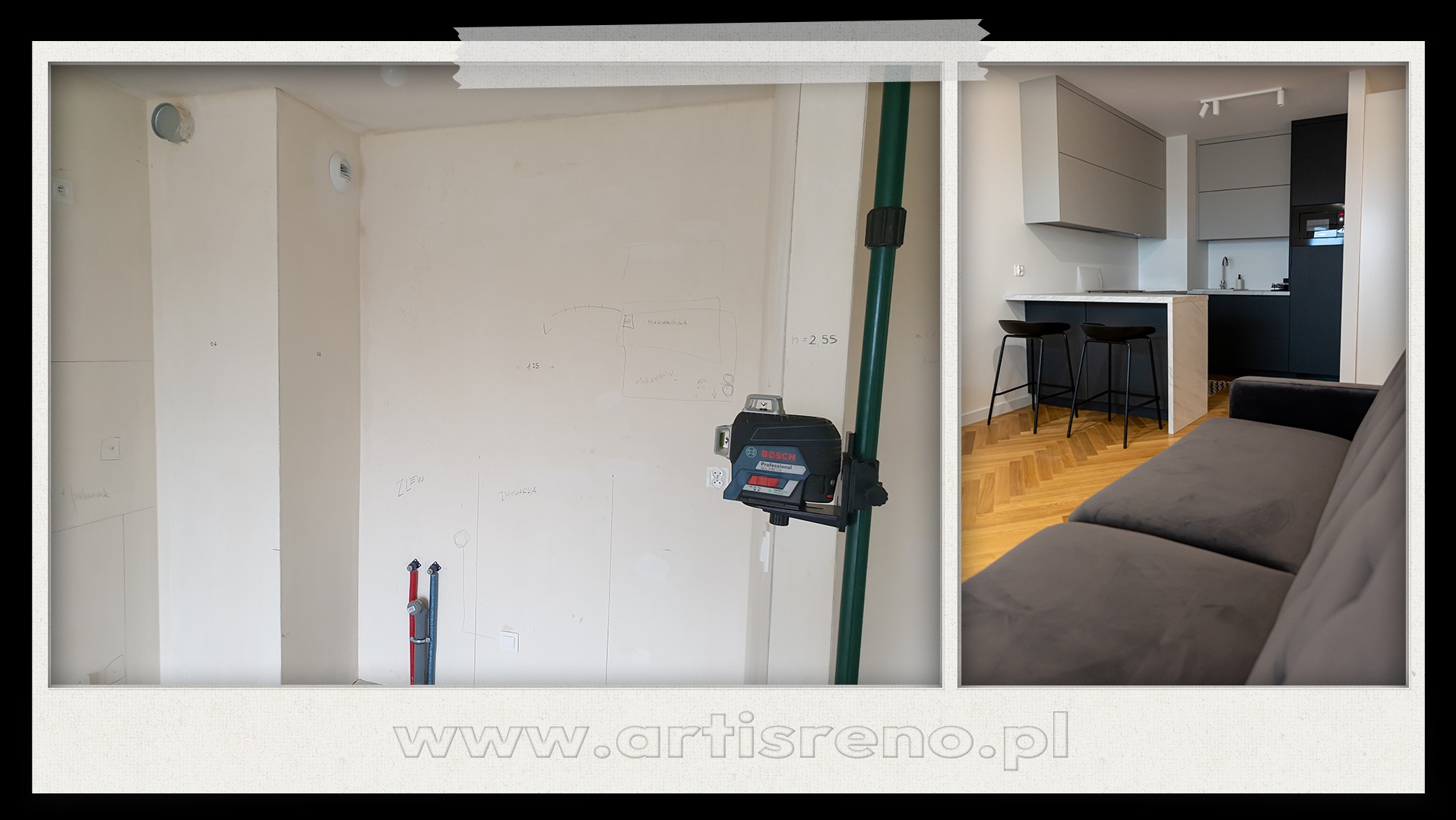 Kadr 'przed i po' remontu mieszkania: surowa ściana z laserem krzyżowym Bosch zestawiona z nowoczesną kuchnią z barkiem i szarym narożnikiem na parkiecie.