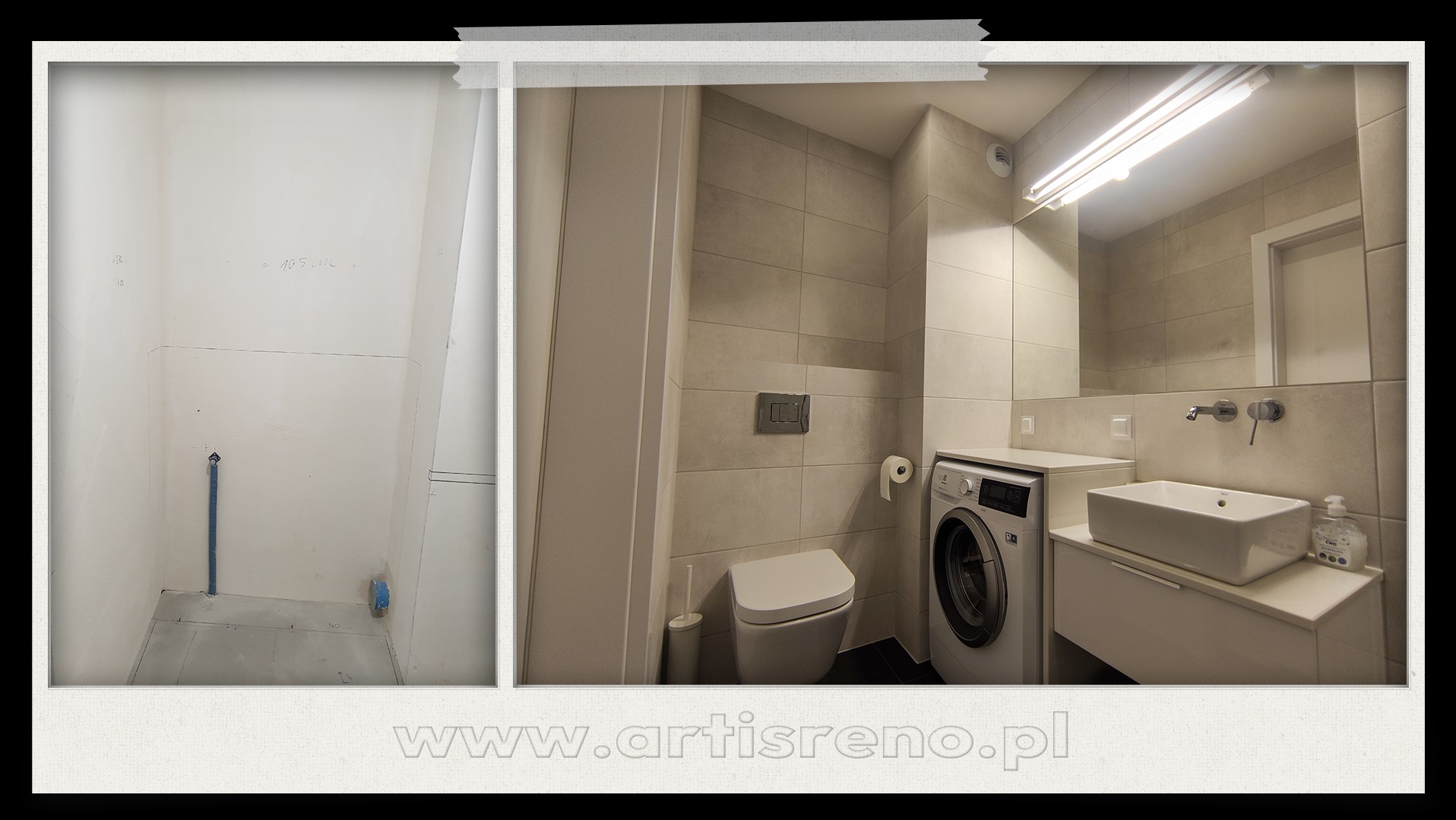 Zdjęcie 'przed i po' prezentuje wykończoną łazienkę w odcieniach szarości z pralką, toaletą i umywalką na szafce. Po lewej surowe ściany z instalacją.