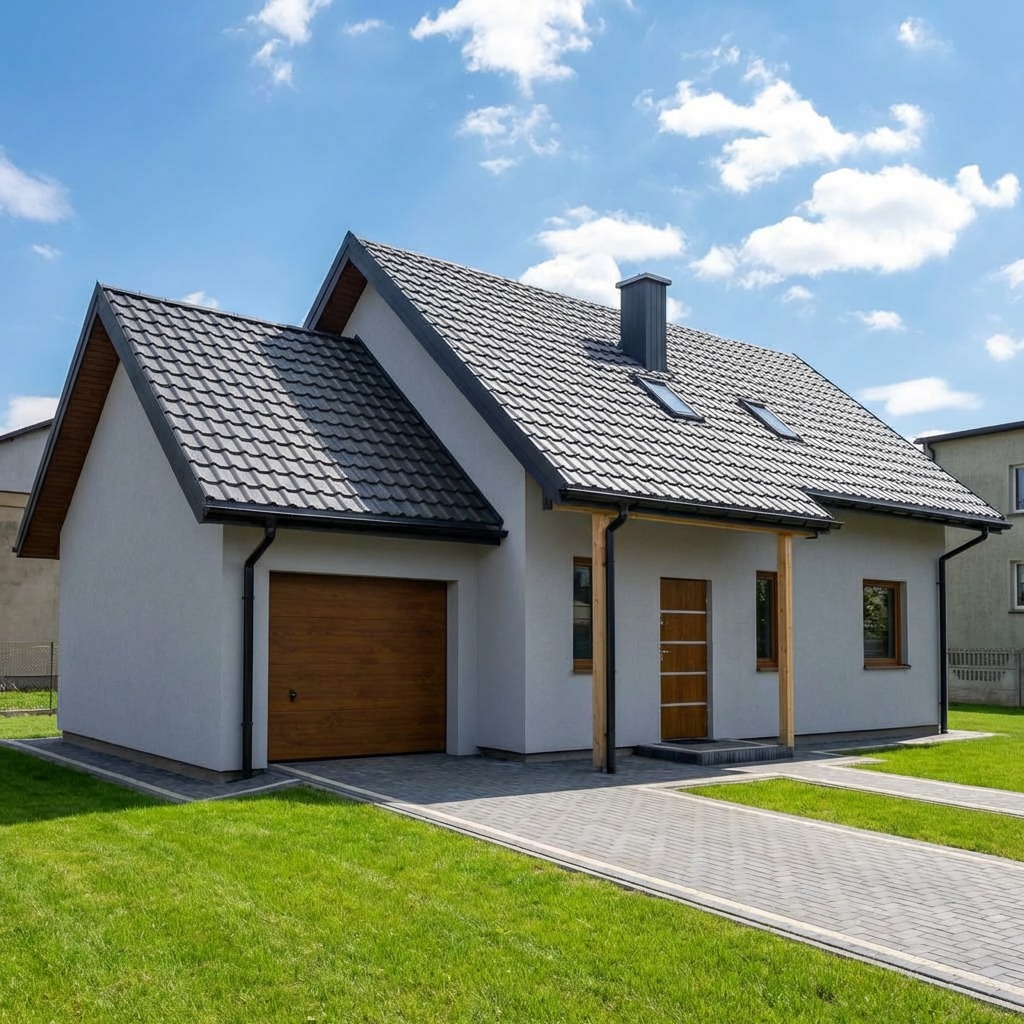 Gotowy dom z szarą dachówką i drewnianymi akcentami, widok z zewnątrz na tle błękitnego nieba. Nowoczesna architektura z garażem i zadbanym trawnikiem.