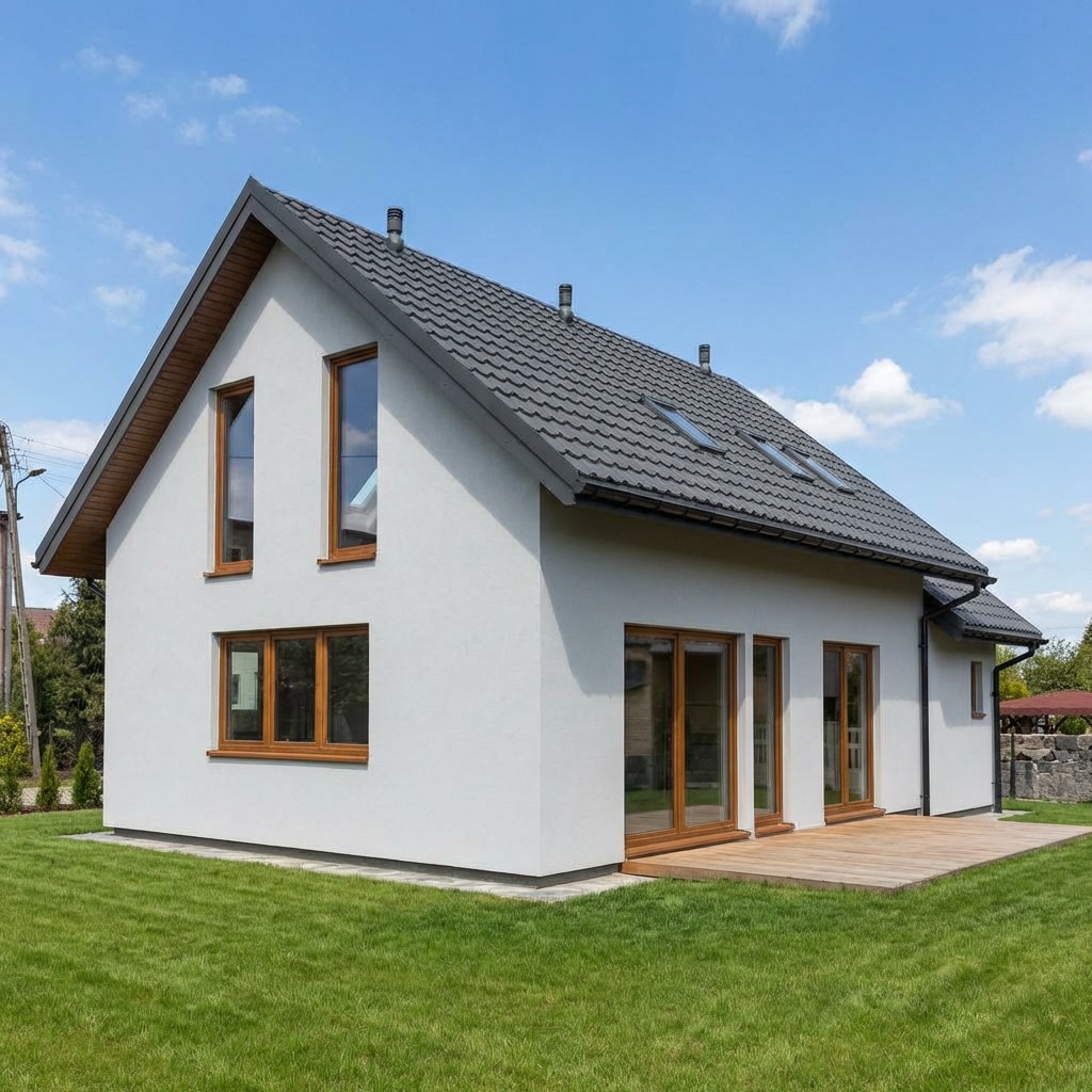 Biały dom z szarym dachem i drewnianymi oknami na tle błękitnego nieba. Widoczny fragment drewnianego tarasu i trawnik. Nowoczesna architektura.
