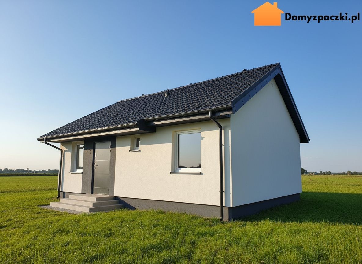 Gotowy, parterowy dom z ciemną dachówką i szarą stolarką, otoczony zielonym trawnikiem. Widok z boku, w słoneczny dzień. Minimalistyczny styl.