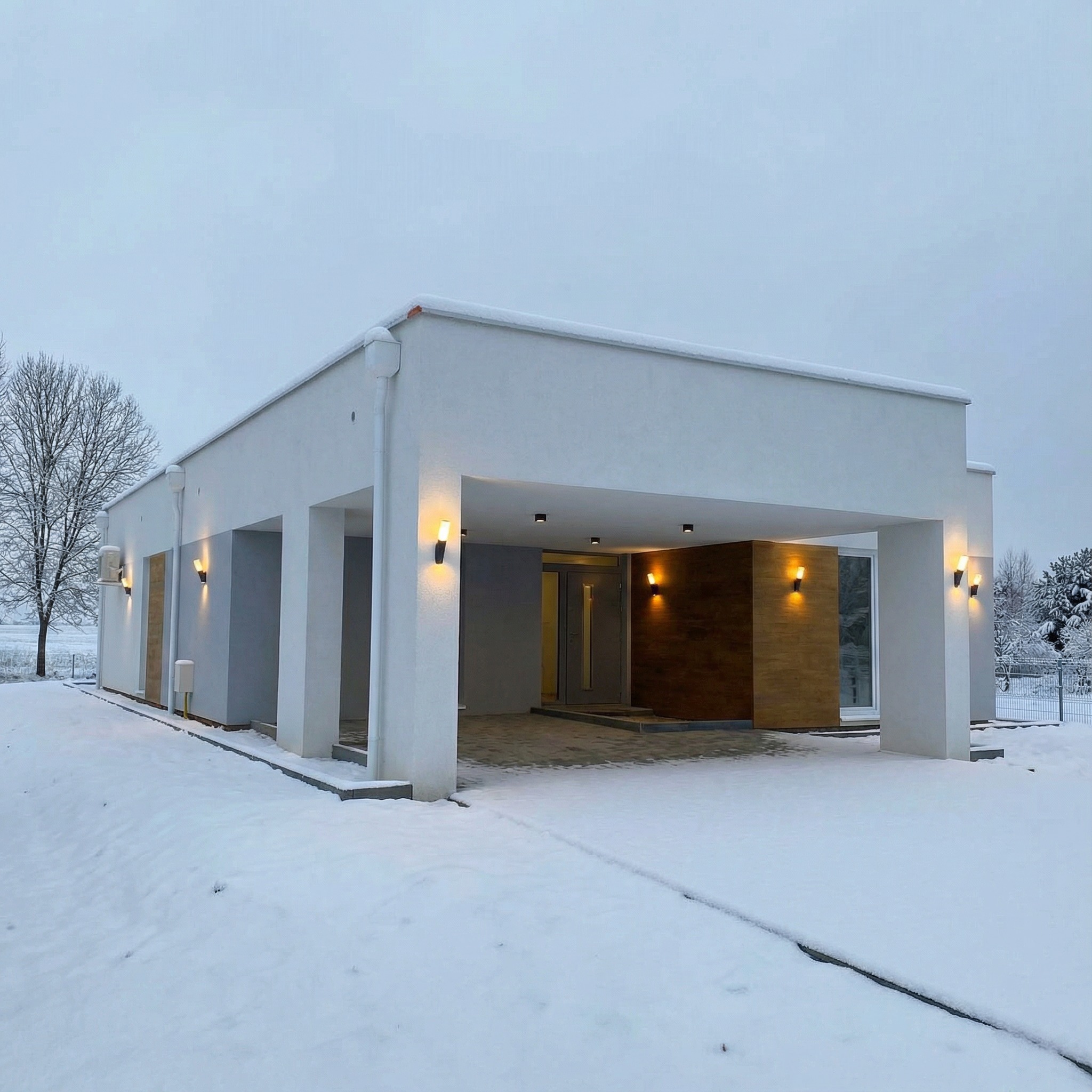 Nowoczesny, parterowy dom z płaskim dachem i wiatą garażową w zimowej scenerii. Oświetlenie zewnętrzne podkreśla architekturę budynku.