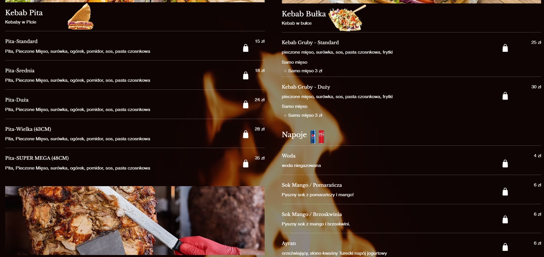 Strona menu restauracji z animowanym tłem ognia, prezentująca dania kebab pita i kebab bułka z cenami oraz napoje. Widoczne składniki i sposób podania.