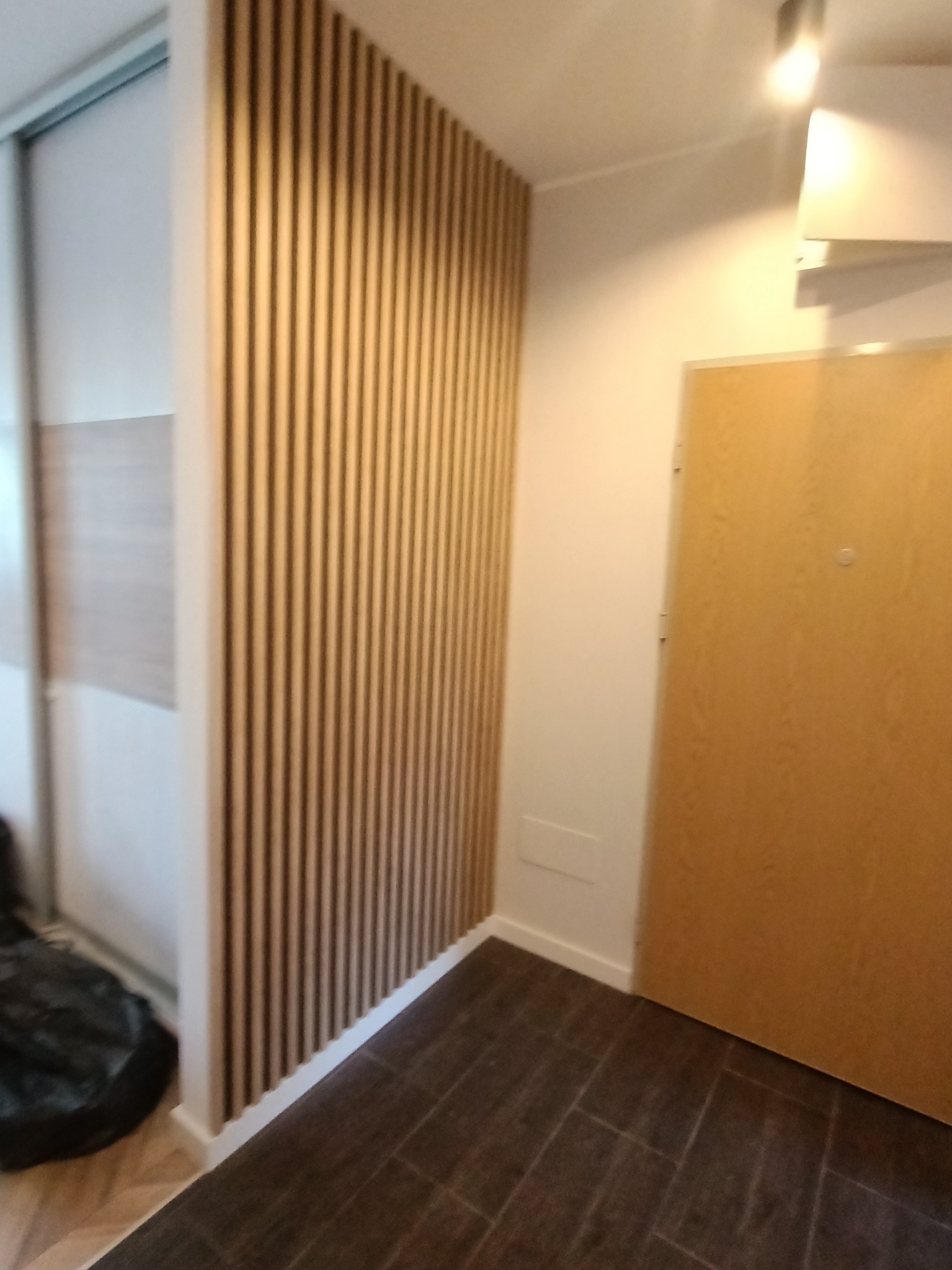 Drewniane lamele na ścianie w przedpokoju, obok drzwi i szafy przesuwnej. Ciemna podłoga z płytek imitujących drewno. Nowoczesny design wnętrza.
