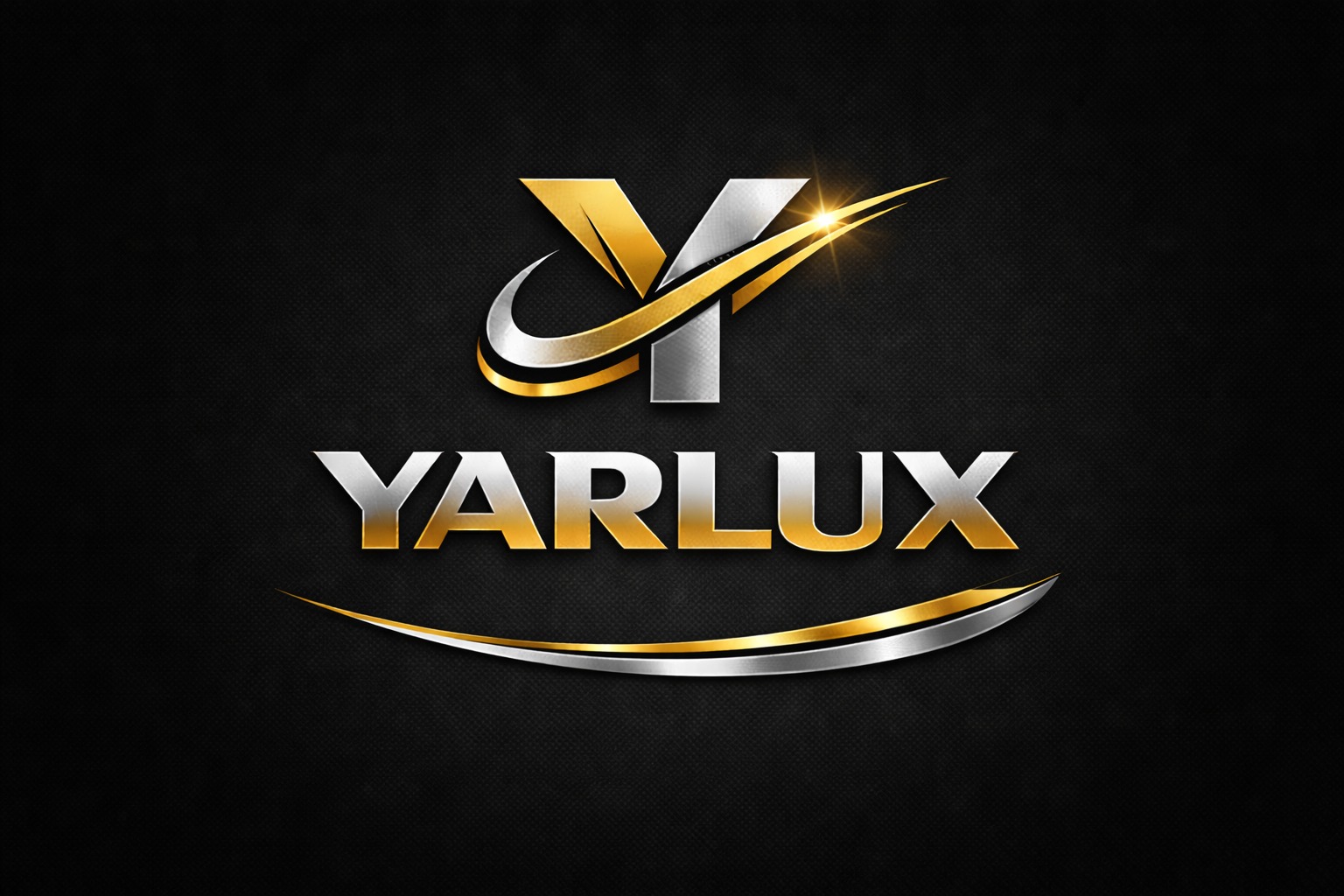 Eleganckie logo Yarlux na czarnym tle z efektem 3D, łączące złote i srebrne elementy w nowoczesnym designie.