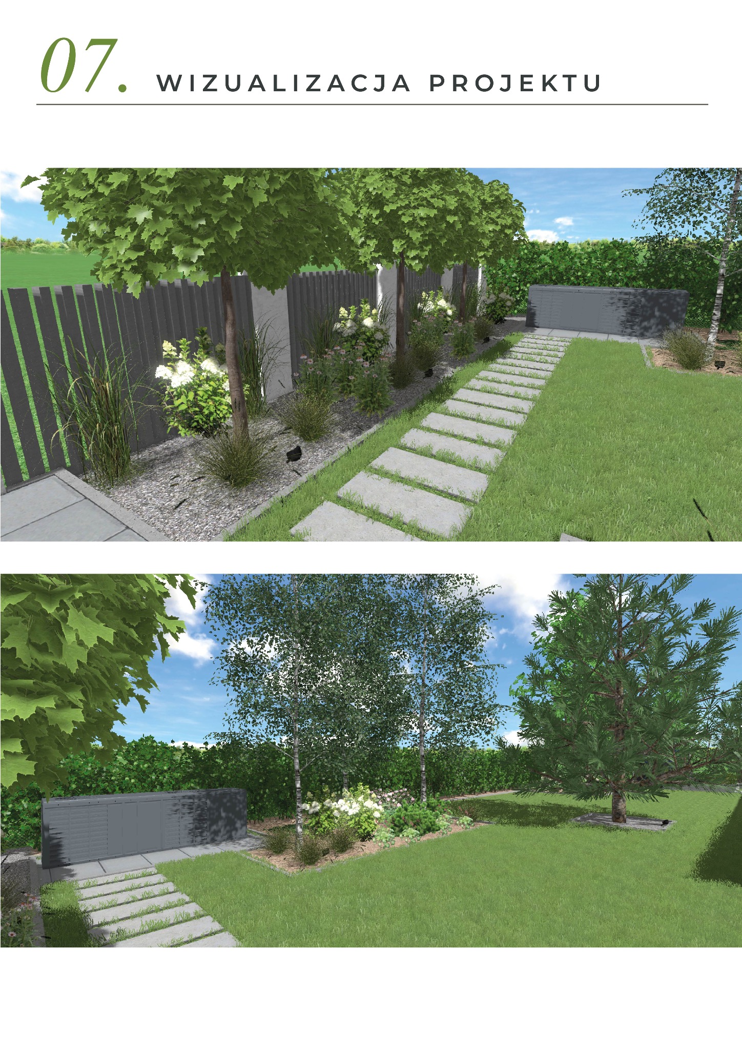 Wizualizacja projektu zagospodarowania terenu w Pabianicach. Ścieżka z płyt, trawnik, drzewa i krzewy. Projekt ogrodu z nowoczesnym ogrodzeniem i elementami małej architektury.