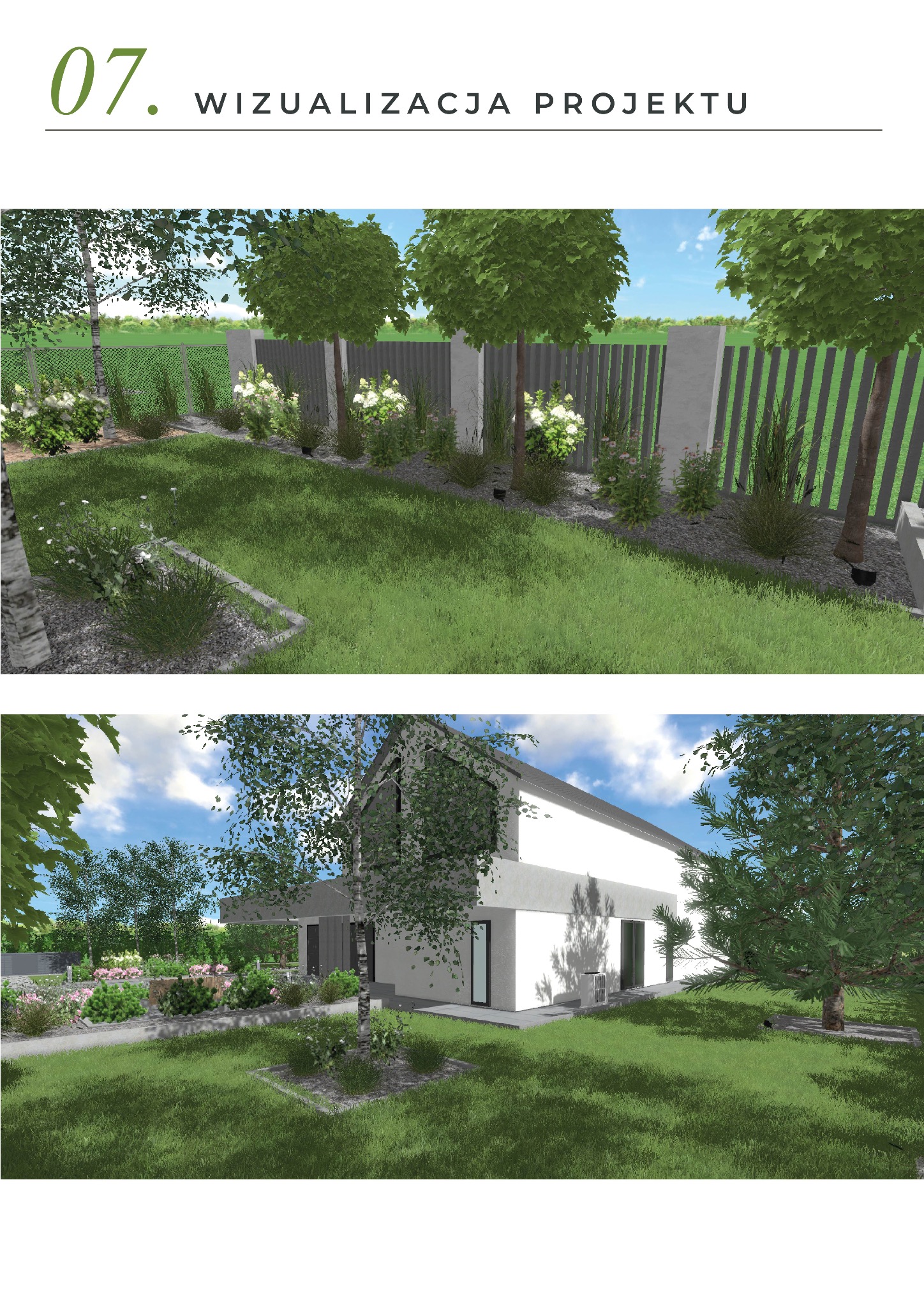 Wizualizacja projektu ogrodu z nowoczesnym domem. Widok na zadbany trawnik, rabaty kwiatowe i minimalistyczne ogrodzenie. Realistyczny render z dbałością o detale roślinności.