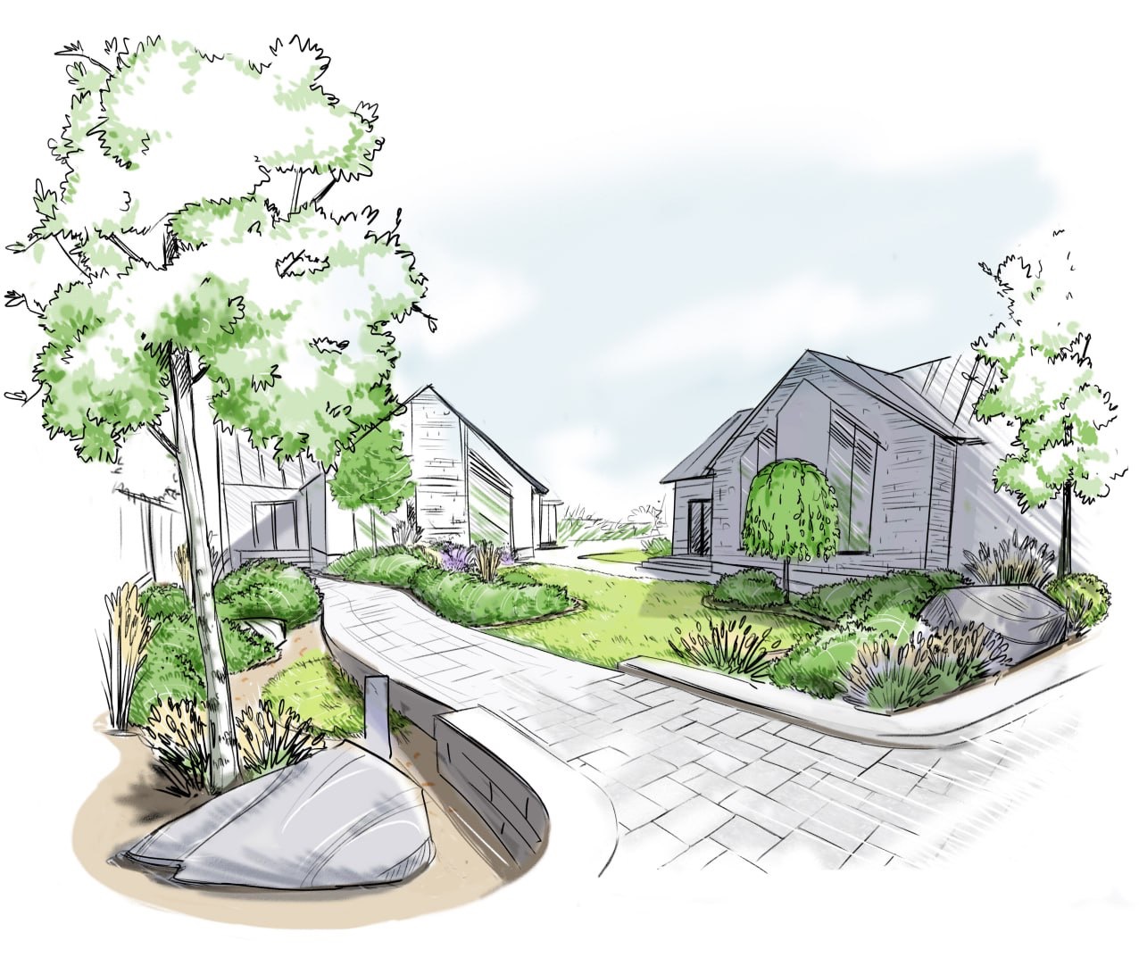 Szkic projektu ogrodu z domem w tle. Kręta ścieżka z kostki brukowej, trawnik, drzewa i krzewy. Widoczne elementy małej architektury.