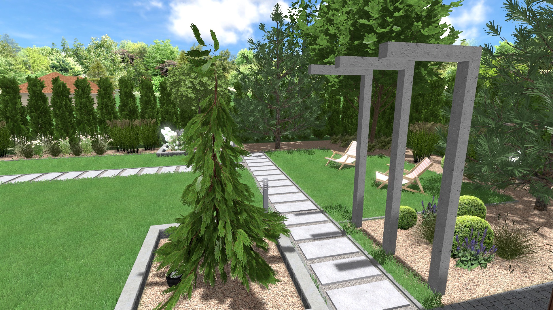 Wizualizacja ogrodu z ścieżką z płyt, drzewem iglastym i pergolą z betonu. W tle żywopłot i trawnik. Dwa leżaki zapraszają do relaksu w zaprojektowanej przestrzeni.