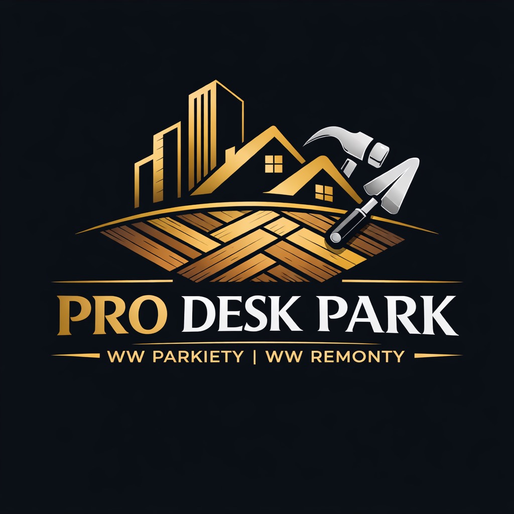 Złote logo firmy 'Pro Desk Park' na czarnym tle. Grafika przedstawia budynki, domy, parkiet, młotek i kielnię. Pod spodem napis 'WW Parkiety | WW Remonty'.