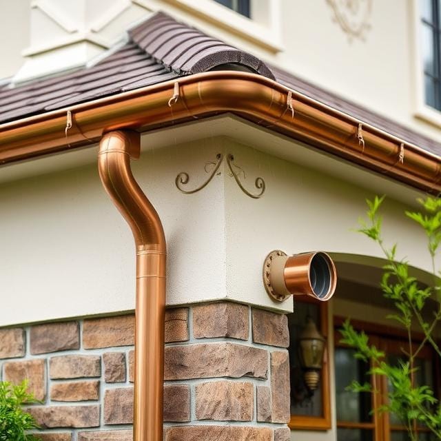 Miedziana rynna spustowa z ozdobnym wykończeniem na elewacji domu z kamienną podmurówką i brązowym dachem. Widoczny fragment okna i zielona roślina.