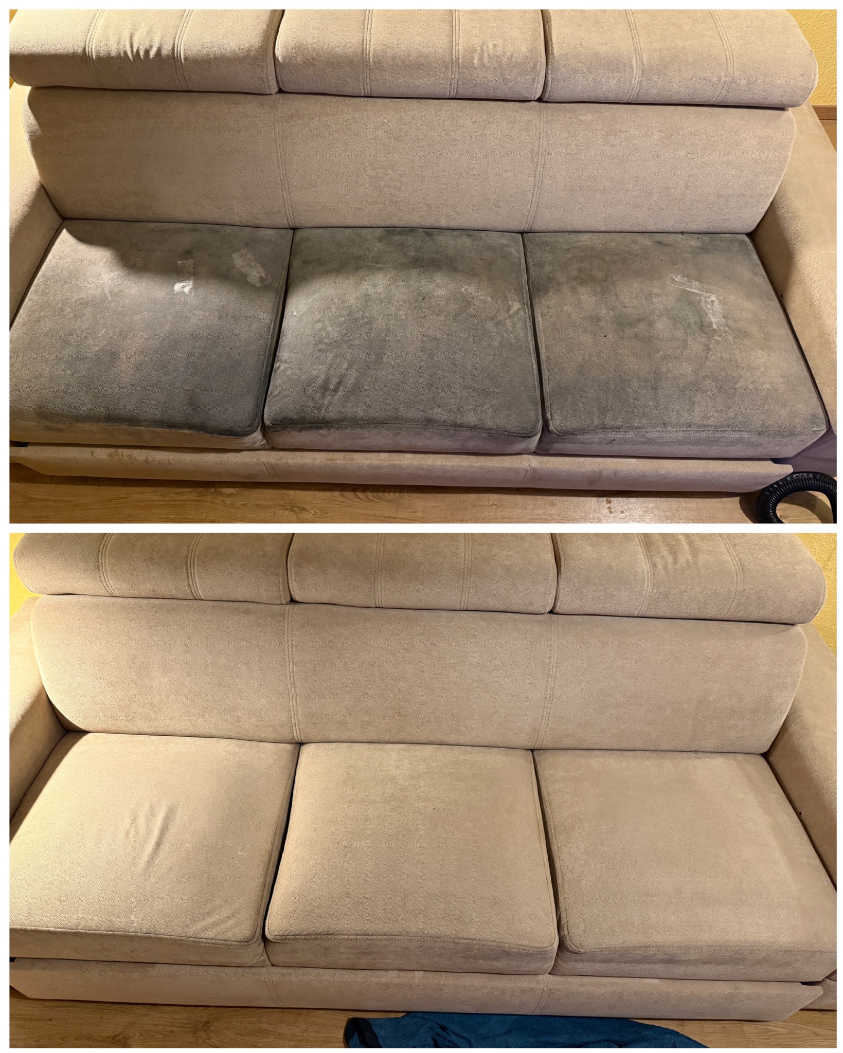 Beżowa kanapa 3-osobowa: górny kadr pokazuje silne zabrudzenia na siedziskach, dolny kadr prezentuje kanapę po czyszczeniu, z odzyskanym jednolitym kolorem tapicerki.