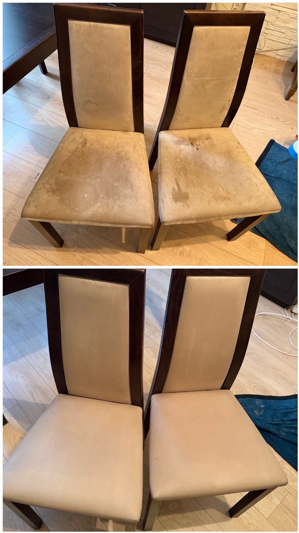 Dwa krzesła tapicerowane: widok przed i po czyszczeniu. Na górze zabrudzone siedziska, na dole czyste, jasne obicia. Ciemne drewniane ramy krzeseł.