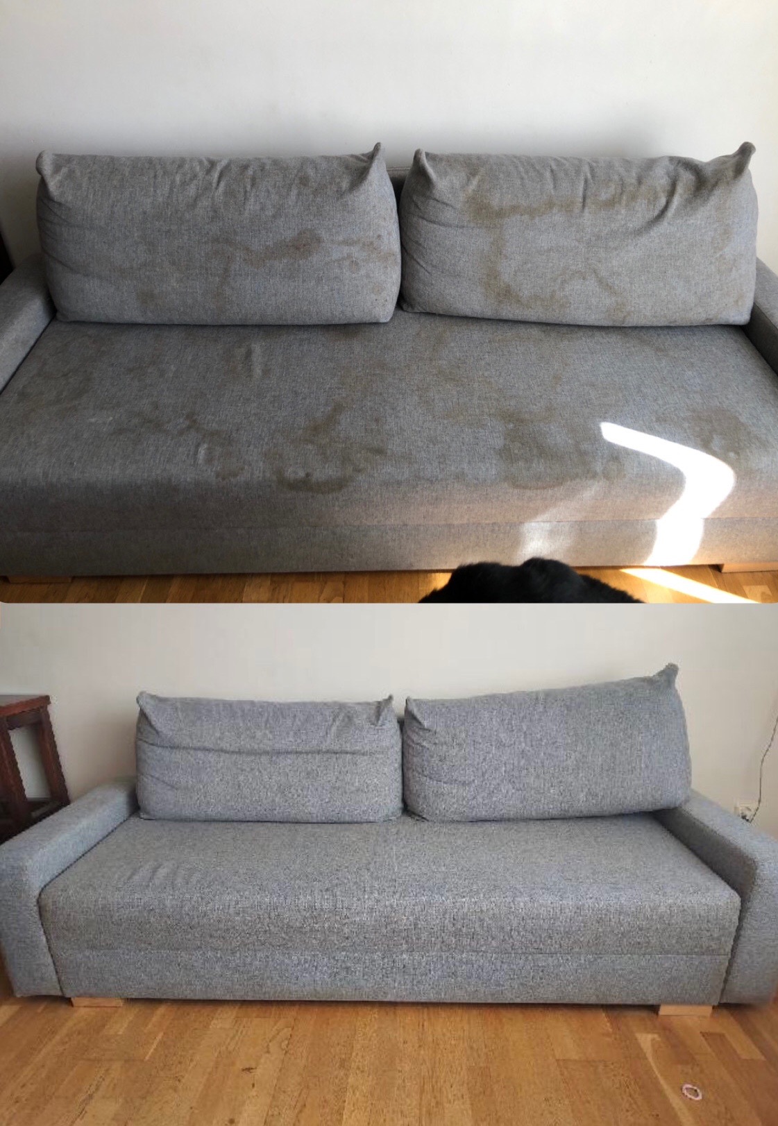 Szara kanapa przed i po czyszczeniu tapicerki. Widoczne plamy na górnym zdjęciu i czysta powierzchnia na dolnym zdjęciu. Efekt prania.