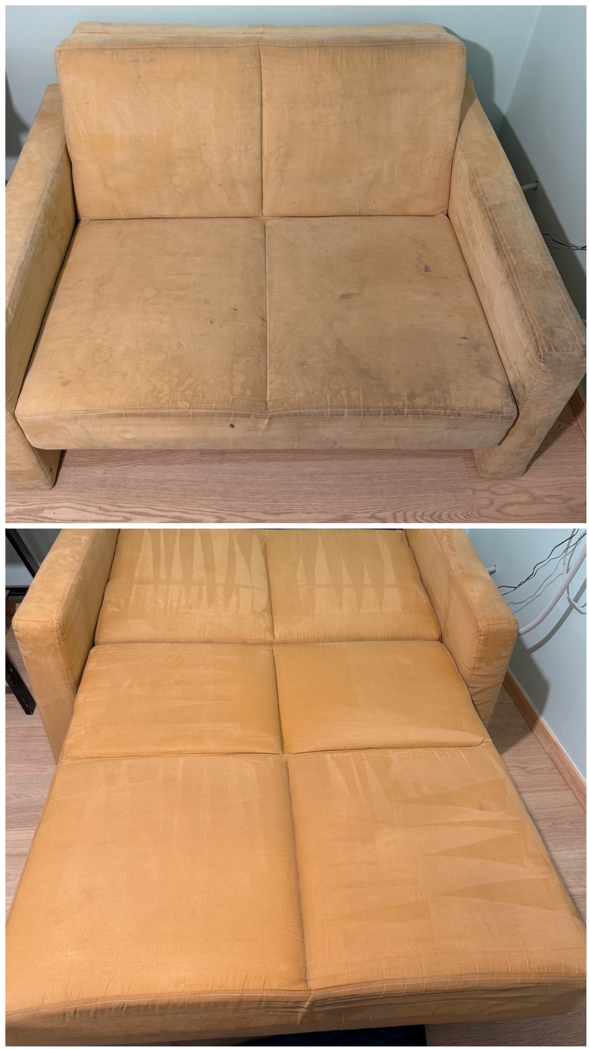 Dwuosobowa, rozkładana kanapa w odcieniach beżu: górna część pokazuje zabrudzenia, dolna - efekt po praniu, z widocznymi śladami czyszczenia.