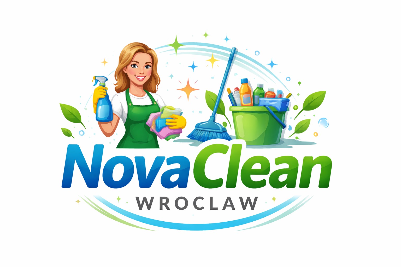Ilustracja: Uśmiechnięta kobieta w fartuchu z akcesoriami do sprzątania, obok wiadro ze środkami czystości i mop. Logo firmy NovaClean Wrocław.