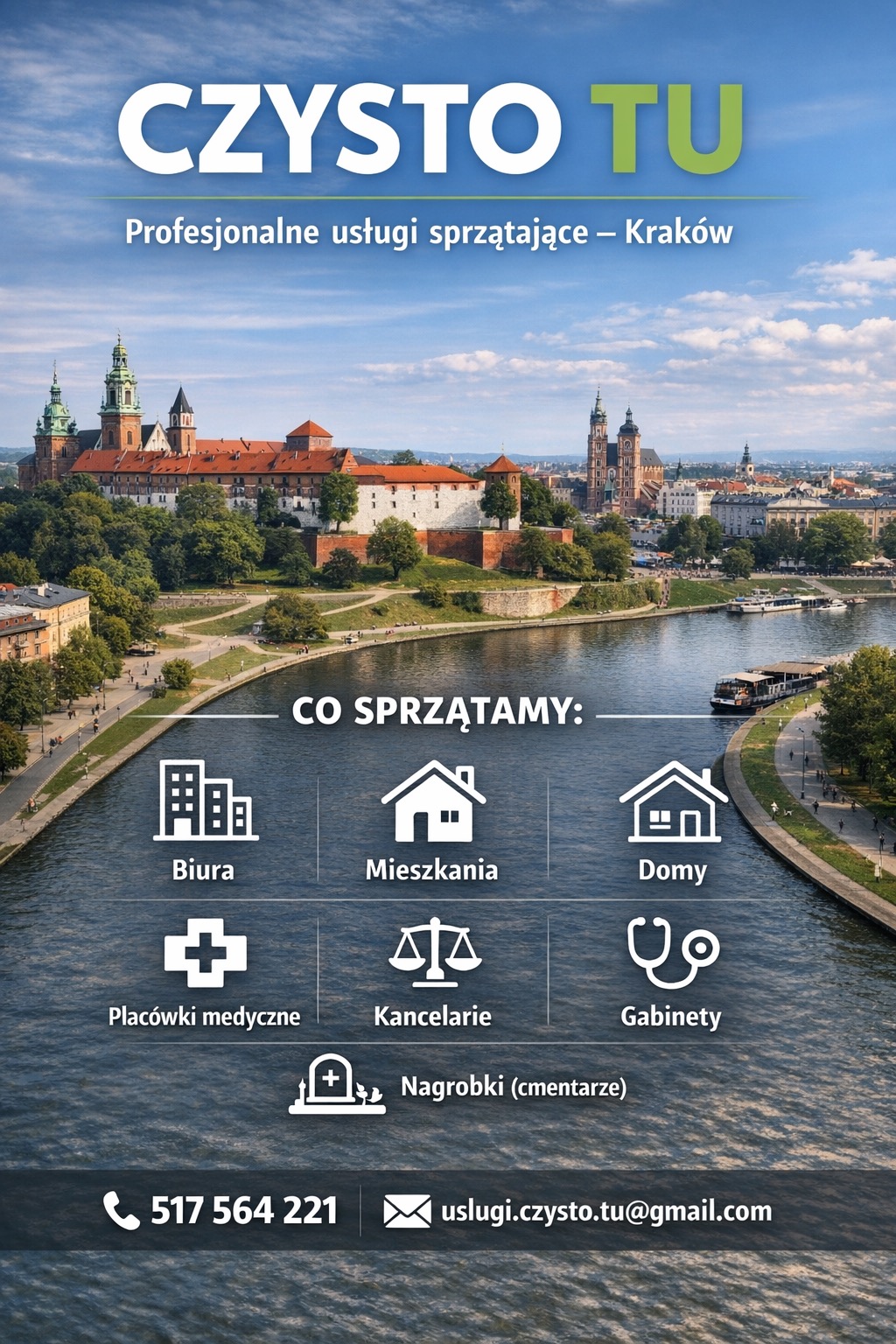 Profesjonalne usługi sprzątające w Krakowie: biura, mieszkania, domy, placówki medyczne, kancelarie, gabinety, nagrobki. Panorama miasta z Wawelem i Wisłą.