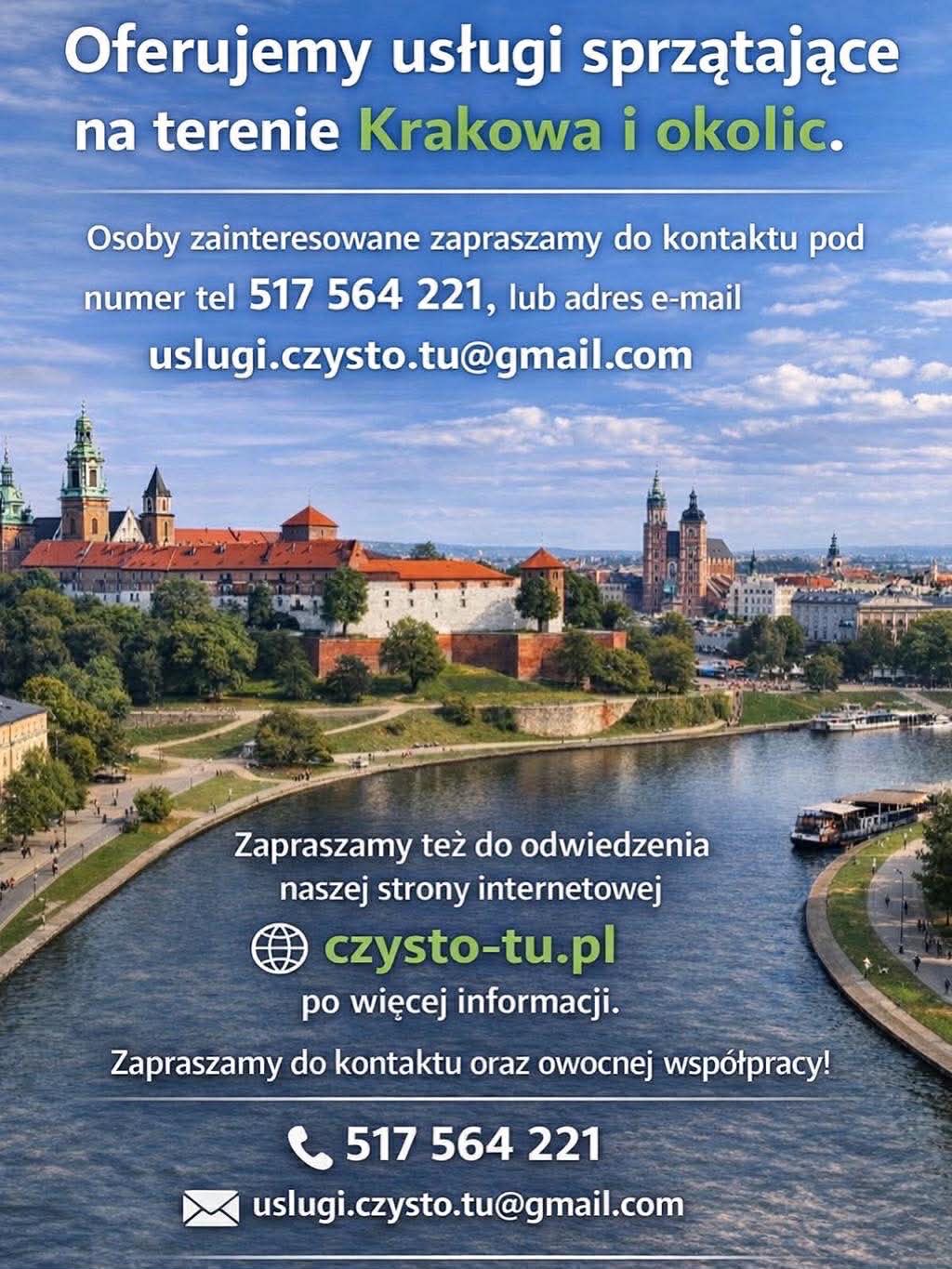 Usługi sprzątające w Krakowie i okolicach. Panorama miasta z Wawelem, kontakt telefoniczny i adres e-mail. Zaproszenie do odwiedzenia strony internetowej.