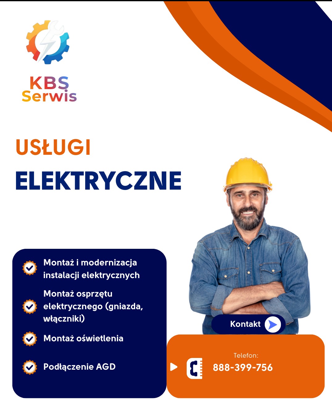 Grafika reklamowa usług elektrycznych: montaż instalacji, osprzętu, oświetlenia i podłączenie AGD. Uśmiechnięty elektryk w kasku, logo firmy i dane kontaktowe.