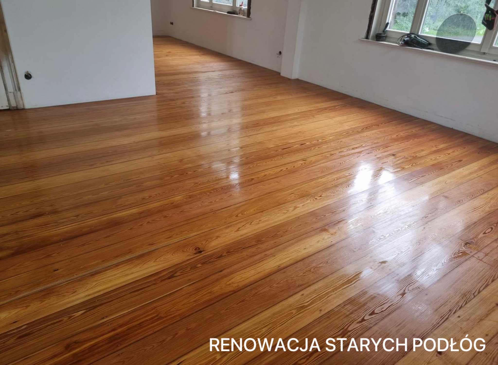 Błyszcząca, odnowiona podłoga z desek w pustym pokoju z oknami. Widoczne ślady po cyklinowaniu i lakierowaniu. Naturalne drewno z wyraźnym usłojeniem.