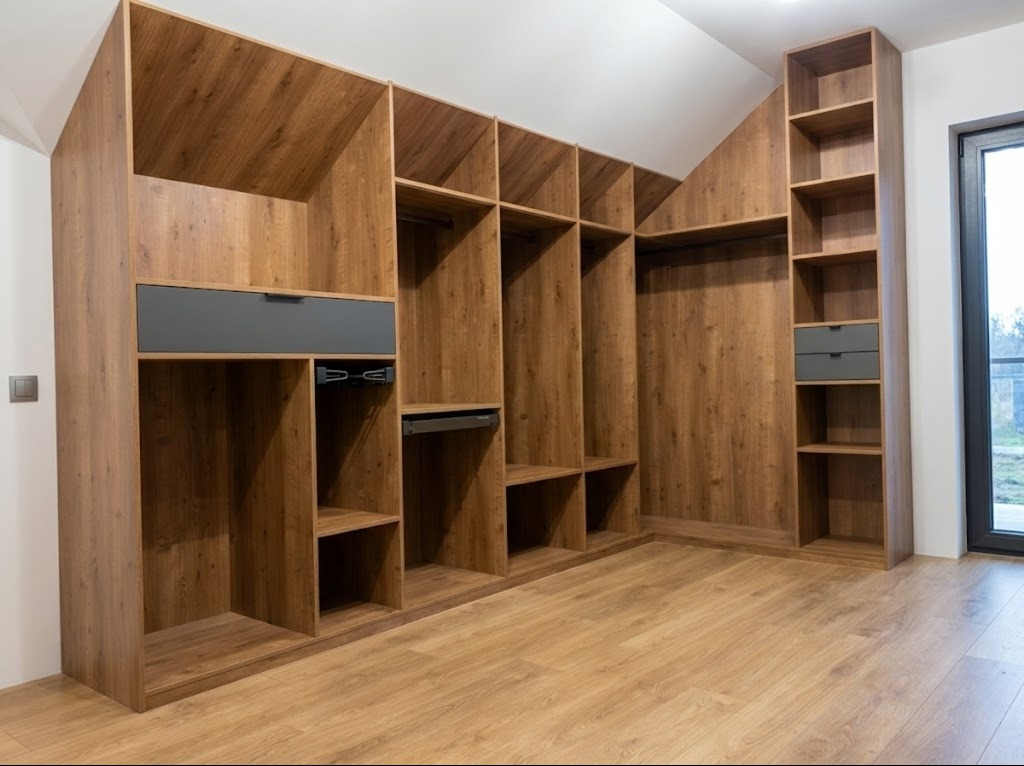 Drewniana szafa wnękowa z szufladami w odcieniach szarości, dopasowana do skosu dachu, z widoczną podłogą i oknem w tle. Realizacja w jasnym, nowoczesnym wnętrzu.