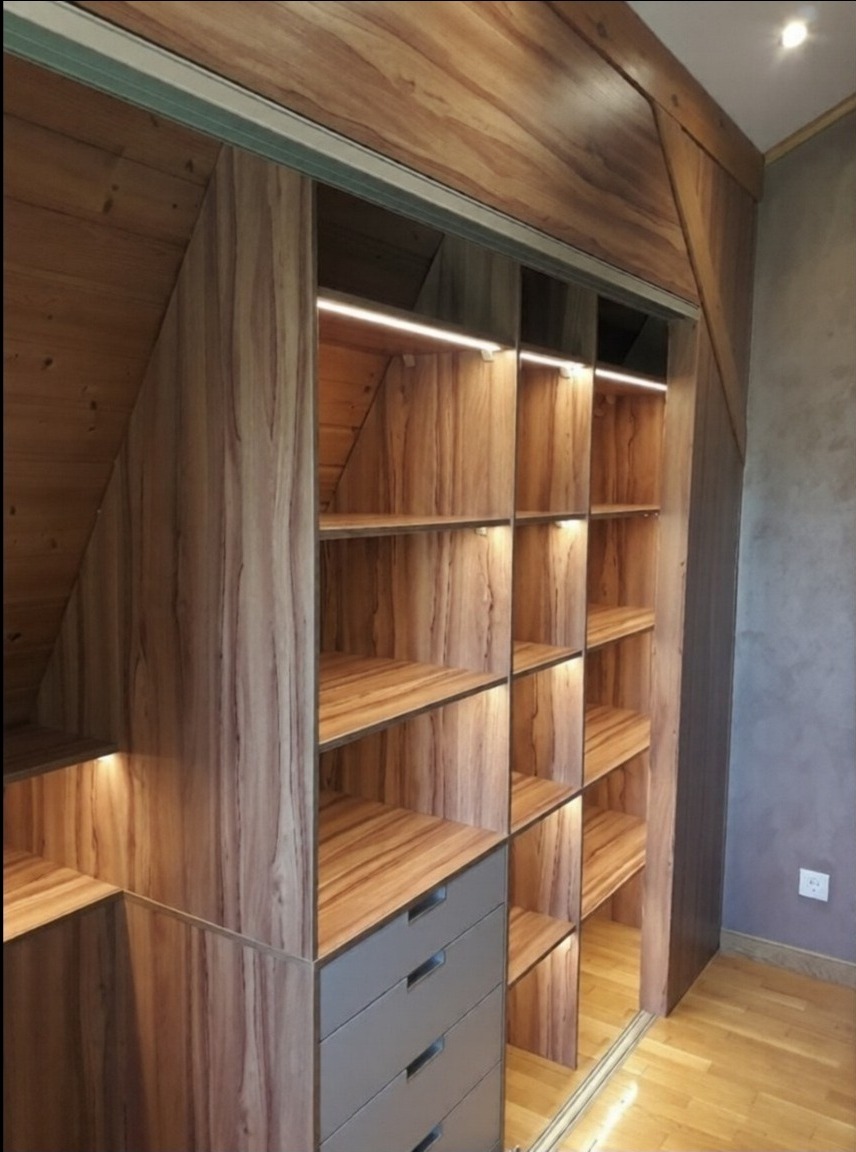 Drewniana szafa wnękowa z przesuwnymi drzwiami i oświetleniem LED, dopasowana do skosu dachu. Widoczne półki i szuflady w szarym kolorze.