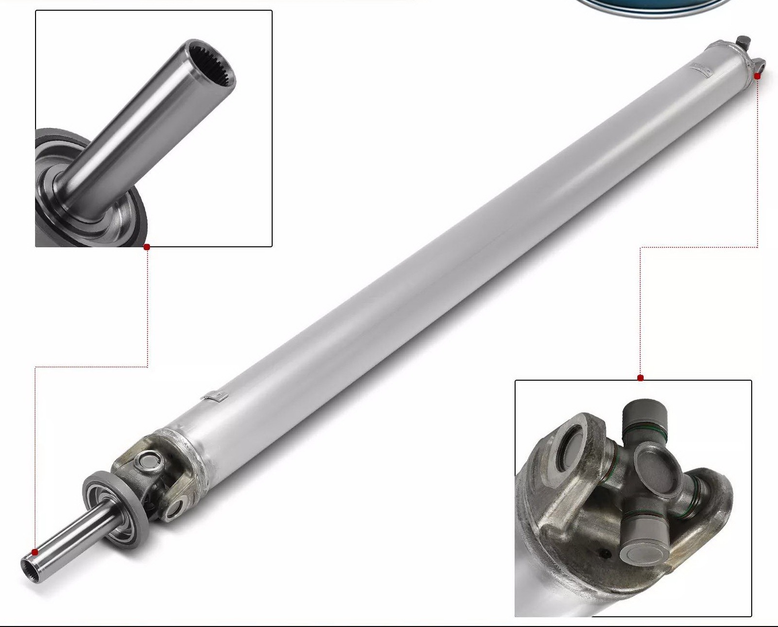 Aluminiowy wał napędowy po regeneracji, z detalami łączeń i przegubów. Precyzyjna obróbka i wyważenie zapewniające płynną jazdę. Widoczne detale konstrukcyjne.