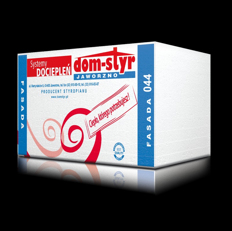 Płyta styropianowa Dom-Styr Fasada 044, przeznaczona do ociepleń. Widoczne logo producenta, adres i hasło reklamowe 'Ciepło, którego potrzebujesz!'.