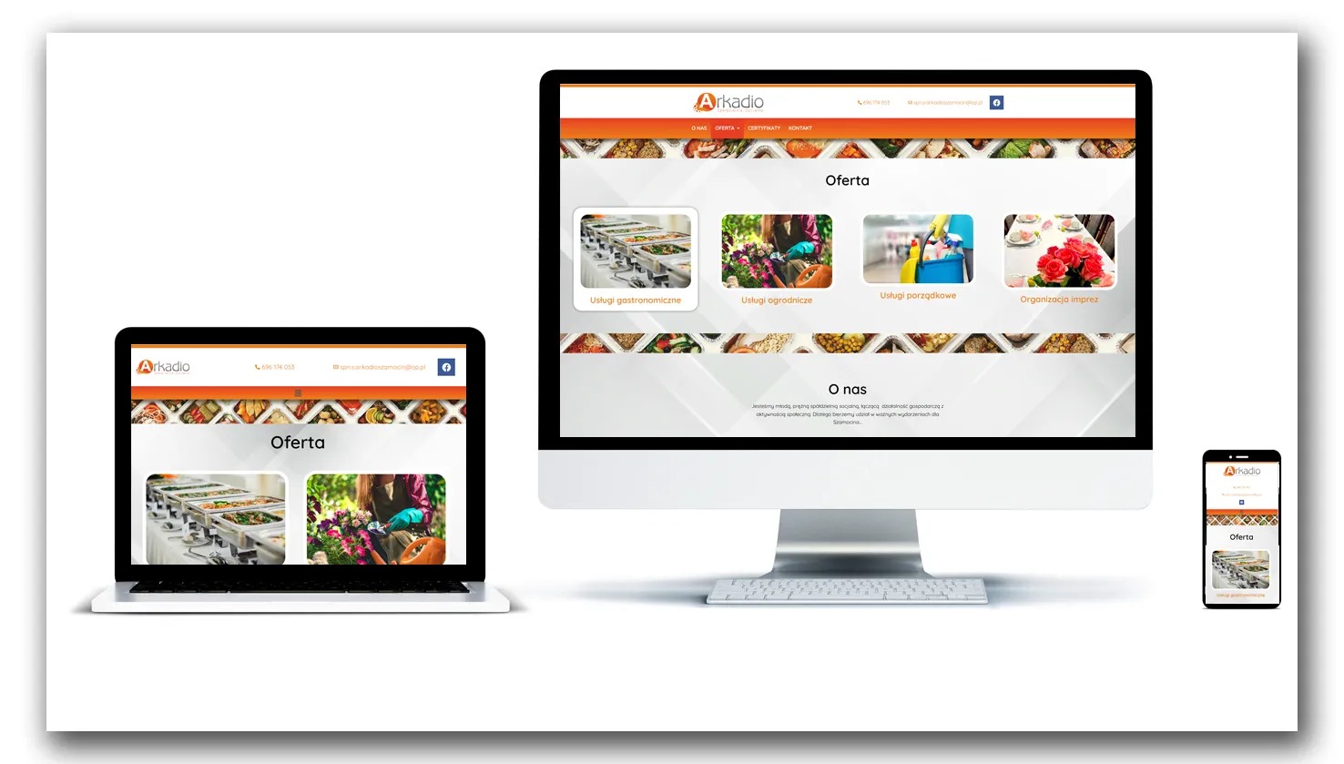 Responsywna strona internetowa Arkadio wyświetlana na monitorze, laptopie i smartfonie. Układ strony z ofertą usług gastronomicznych, ogrodniczych, porządkowych i organizacji imprez.