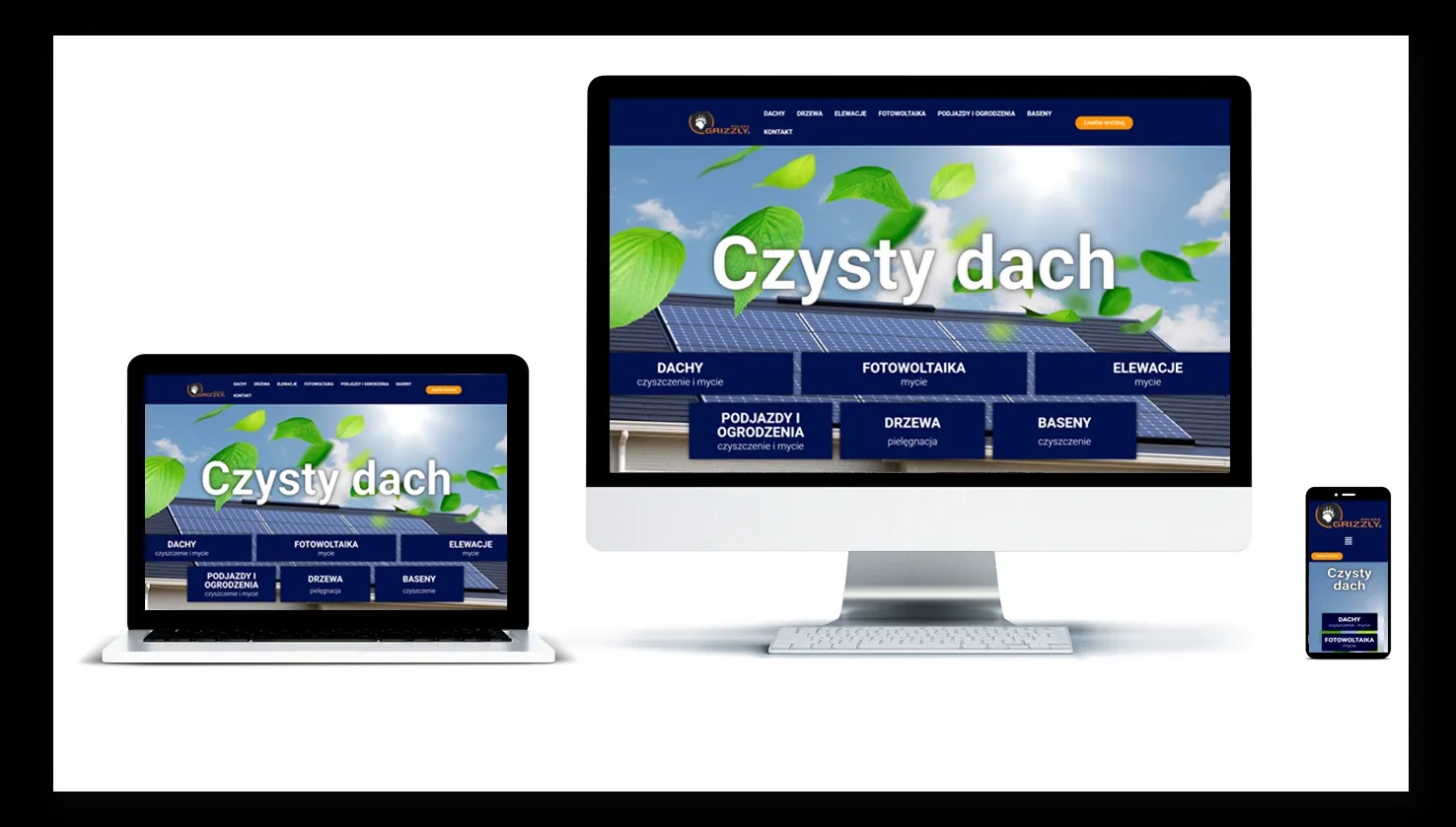 Responsywna strona internetowa na monitorze, laptopie i smartfonie. Projekt strony w kolorystyce niebiesko-białej z motywem czyszczenia dachów i fotowoltaiki.