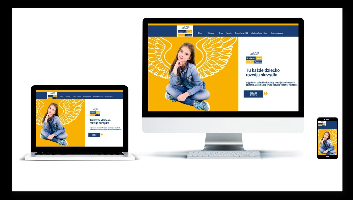 Responsywna strona internetowa na monitorze, laptopie i smartfonie. Żółte tło, dziewczynka ze skrzydłami, hasło: Tu każde dziecko rozwija skrzydła.