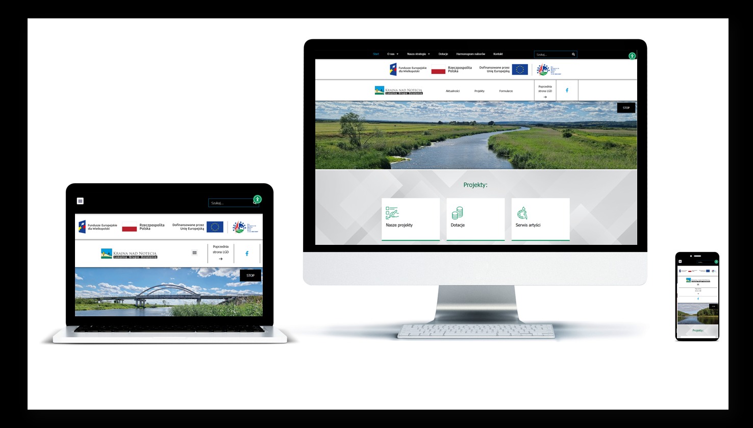 Responsywna strona internetowa LGD Kraina Nad Notecią, wyświetlona na monitorze, laptopie i smartfonie. Widok strony głównej z krajobrazem rzeki i menu nawigacyjnym.