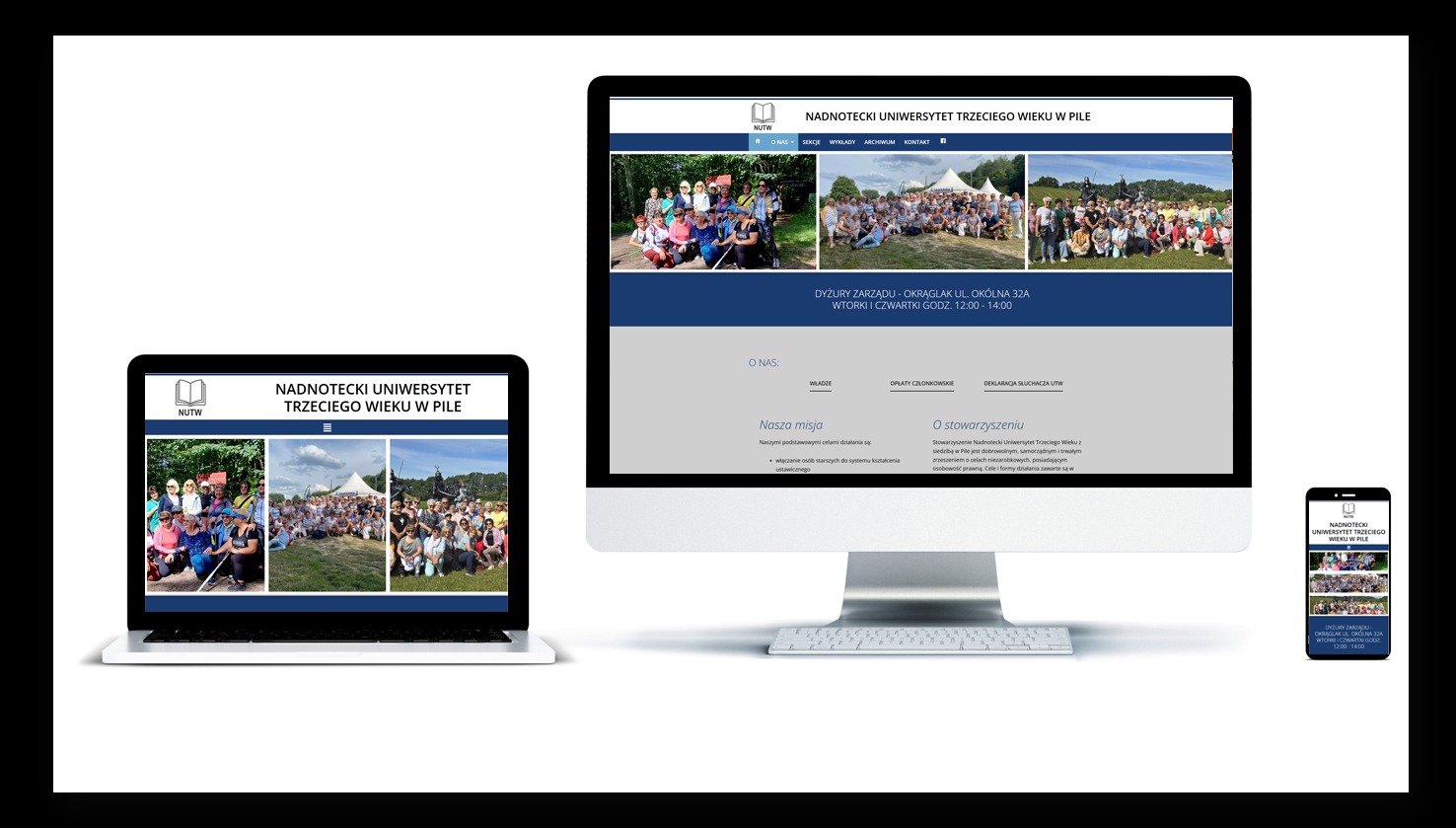 Responsywna strona internetowa na laptopie, monitorze i smartfonie. Prezentacja witryny Nadnoteckiego Uniwersytetu Trzeciego Wieku w Pile na różnych urządzeniach.