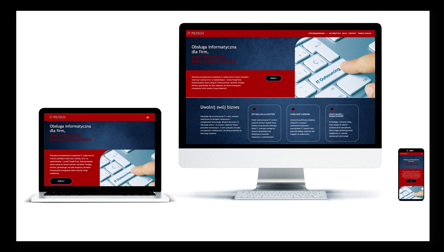 Responsywna strona internetowa na monitorze, laptopie i smartfonie. Układ strony w kolorach czerwieni i granatu, z motywem klawiatury i hasłem 'IT Outsourcing'.