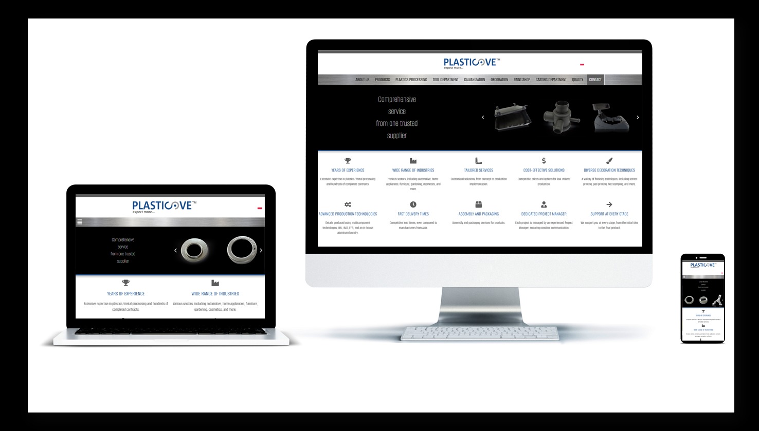 Responsywna strona internetowa Plasticove na monitorze, laptopie i smartfonie. Prezentacja oferty firmy z branży przetwórstwa tworzyw sztucznych i metalu.