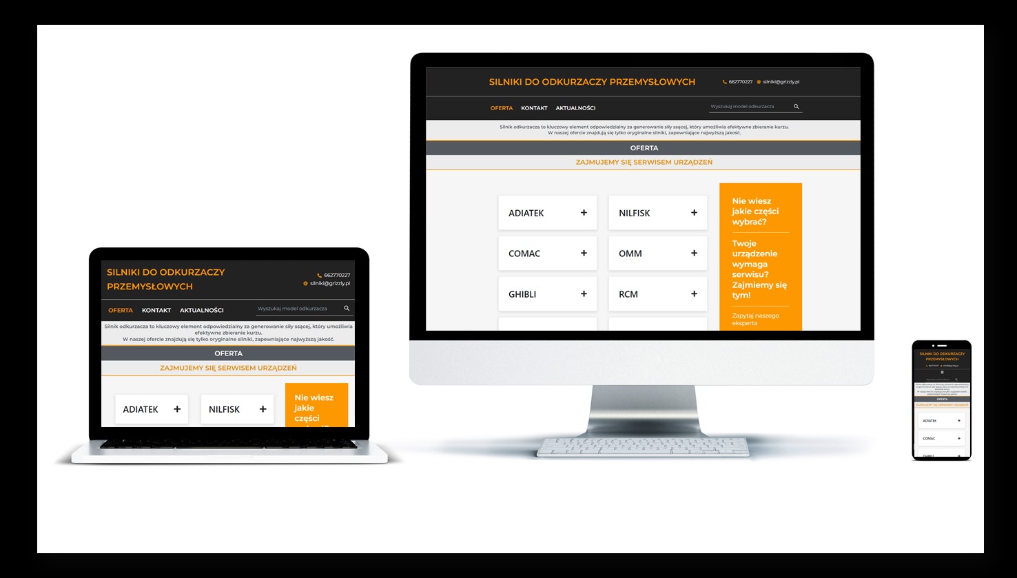 Responsywna strona internetowa na laptopie, monitorze i smartfonie. Prezentacja oferty silników do odkurzaczy przemysłowych z podziałem na marki i opcją wyszukiwania.