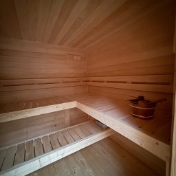 Wood brother - Jasne drewno w saunie: ławy na dwóch poziomach, wiadro z chochlą. Ściany i sufit wyłożone boazerią. Minimalistyczny design, ciepłe oświetlenie.