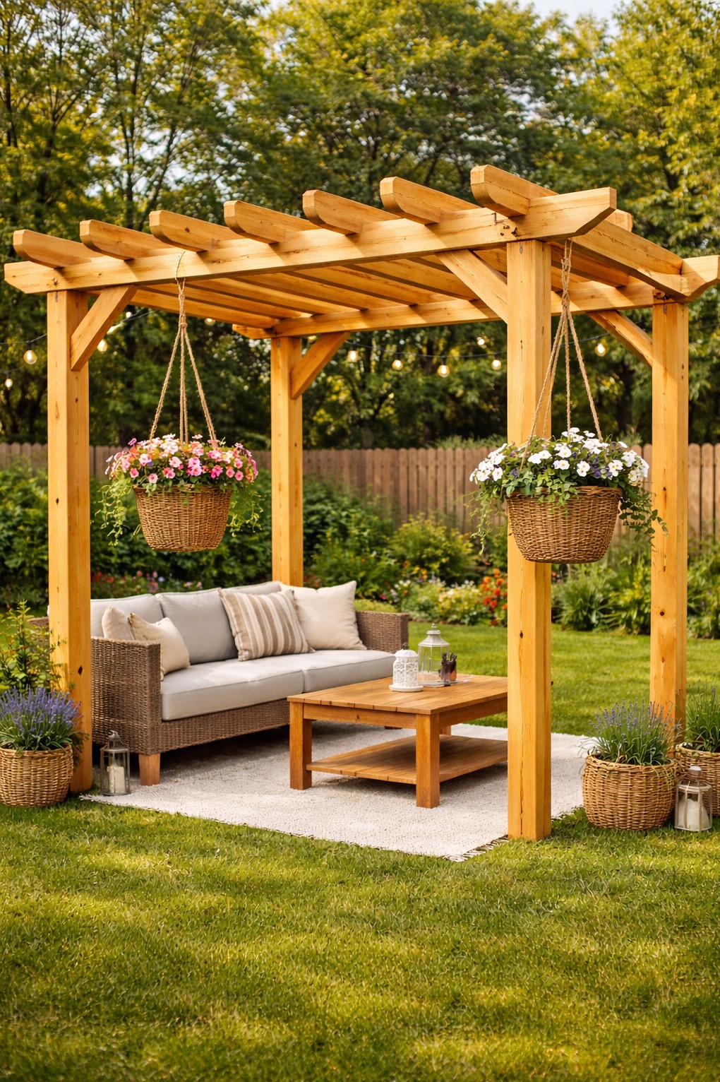 Drewniana pergola z wiszącymi koszami kwiatów, sofa i stolik kawowy na dywanie z kamyczków. W tle zielony ogród z lampkami.