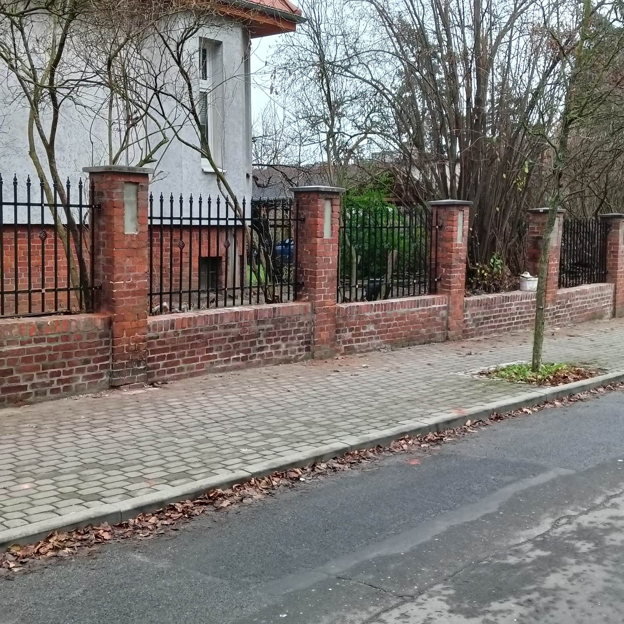 Ceglany murek z kutym, czarnym ogrodzeniem na tle szarego budynku i drzew bez liści. Widok z poziomu ulicy, jesienna sceneria.