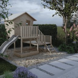 FINESIS garden Patrycja Lamik - Drewniany plac zabaw z domkiem, zjeżdżalnią i piaskownicą, otoczony zielenią i kamienną ścieżką w ogrodzie. Projekt strefy rekreacyjnej dla dzieci.